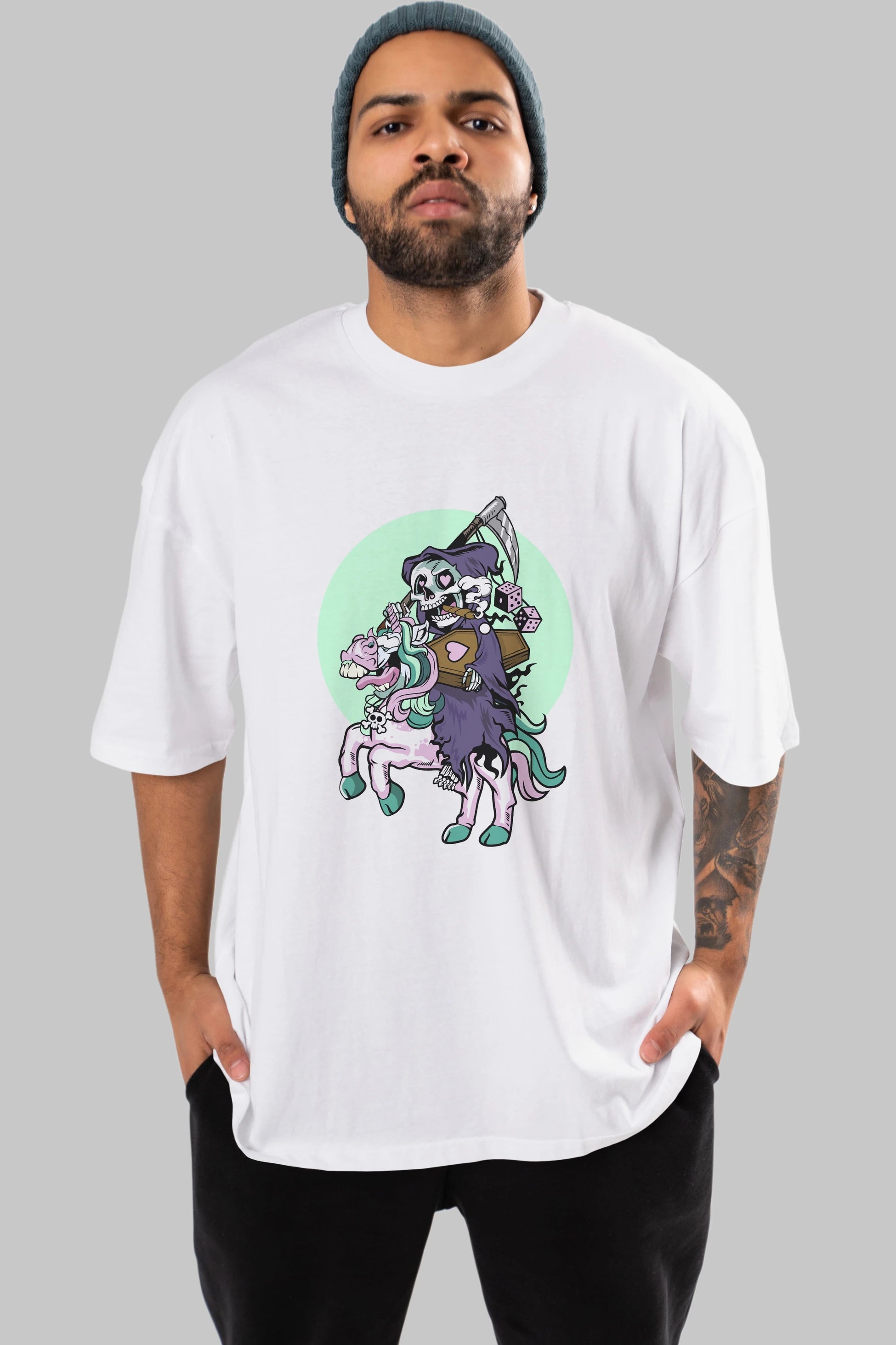 Grim Reaper Riding Unicorn Ön Baskılı Oversize t-shirt Erkek Kadın Unisex %100 Pamuk tişort