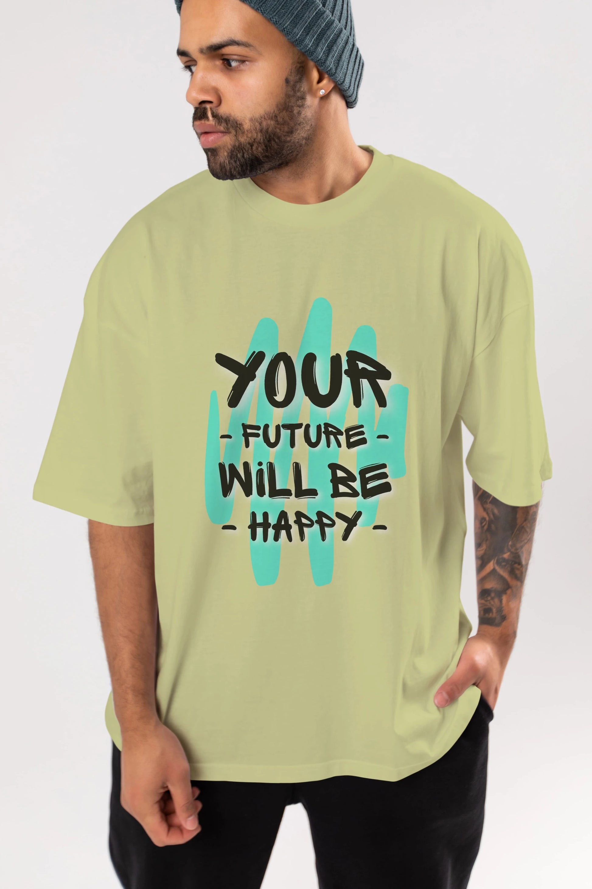 Your Future Will be Happy Yazılı Ön Baskılı Oversize t-shirt Erkek Kadın Unisex