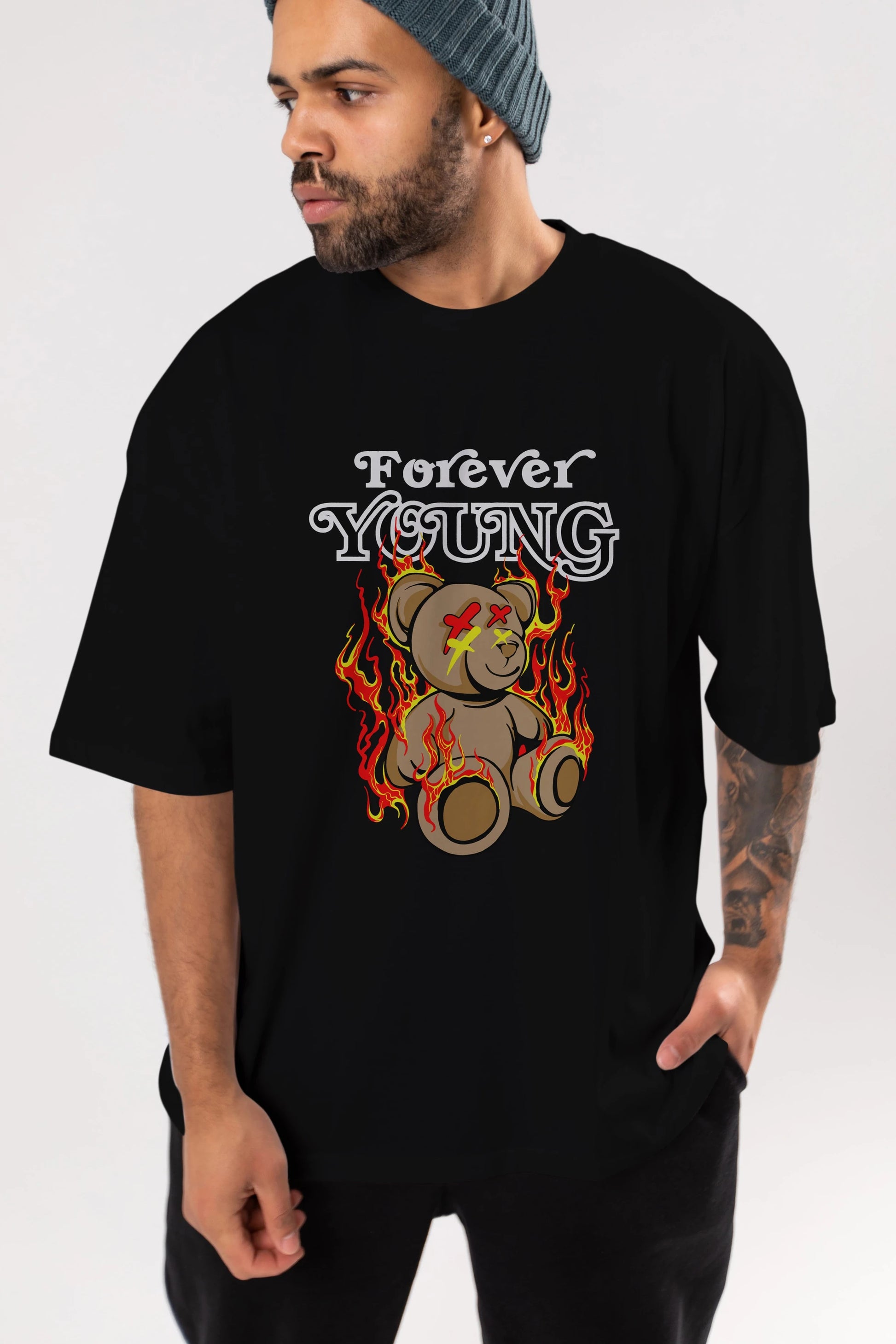 Forever Young Bear Ön Baskılı Oversize t-shirt Erkek Kadın Unisex