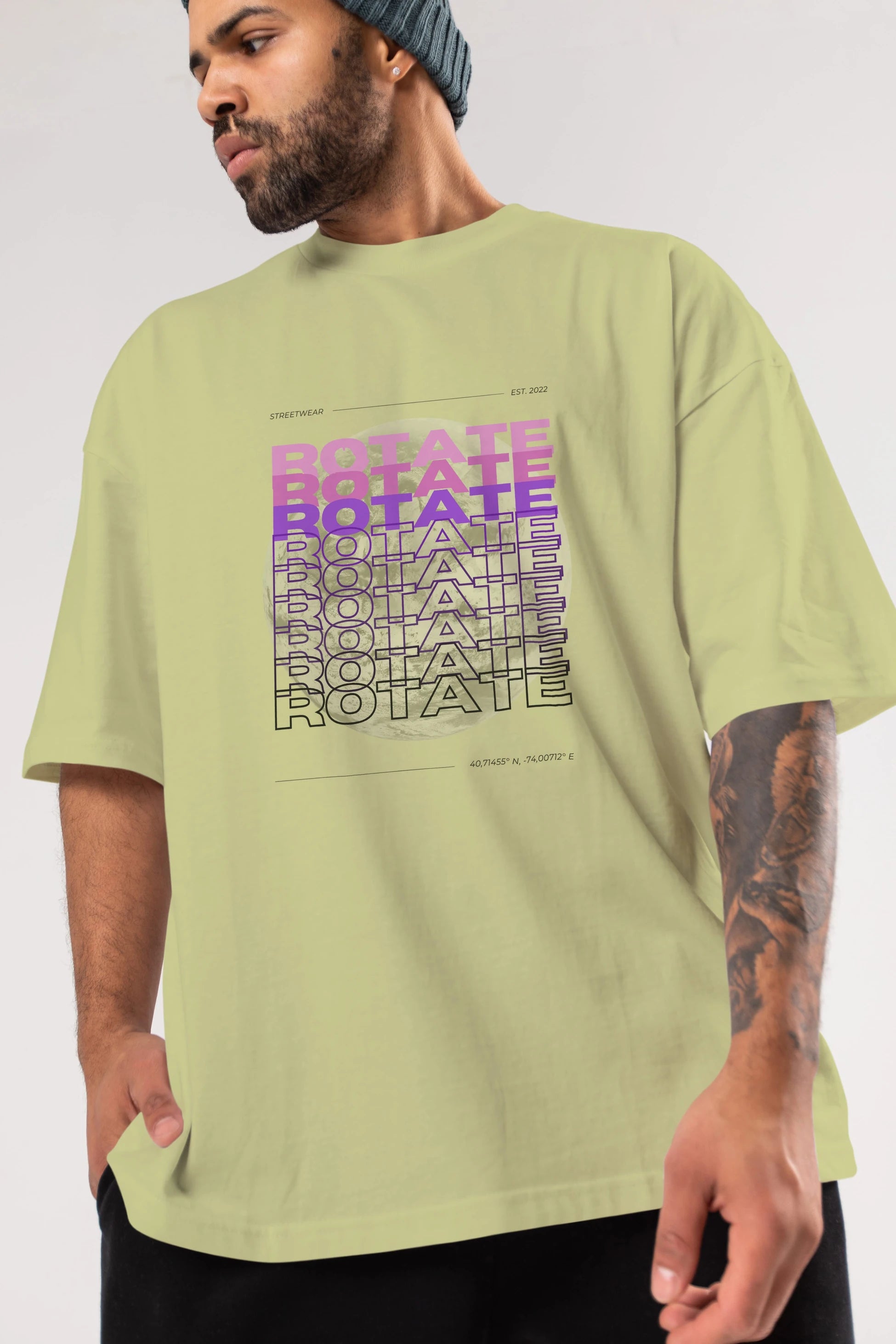 Rotate Yazılı Ön Baskılı Oversize t-shirt Erkek Kadın Unisex