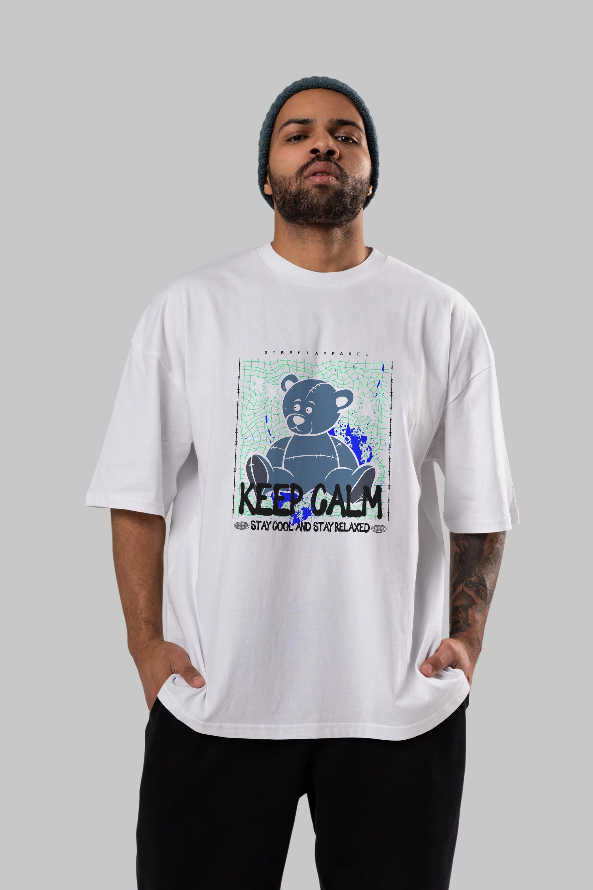 Keep Calm Bear Ön Baskılı Oversize t-shirt Erkek Kadın Unisex