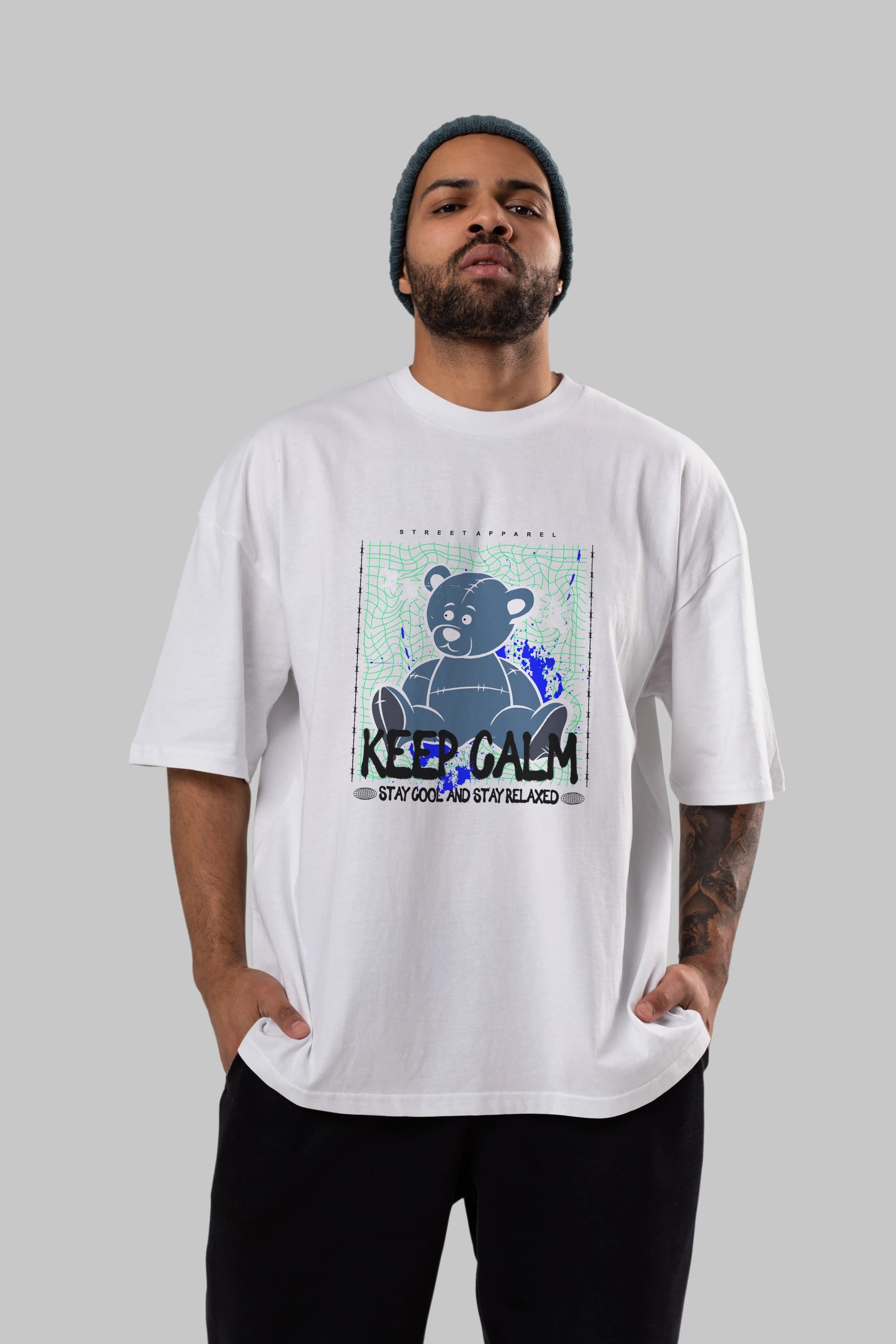 Keep Calm Bear Ön Baskılı Oversize t-shirt Erkek Kadın Unisex