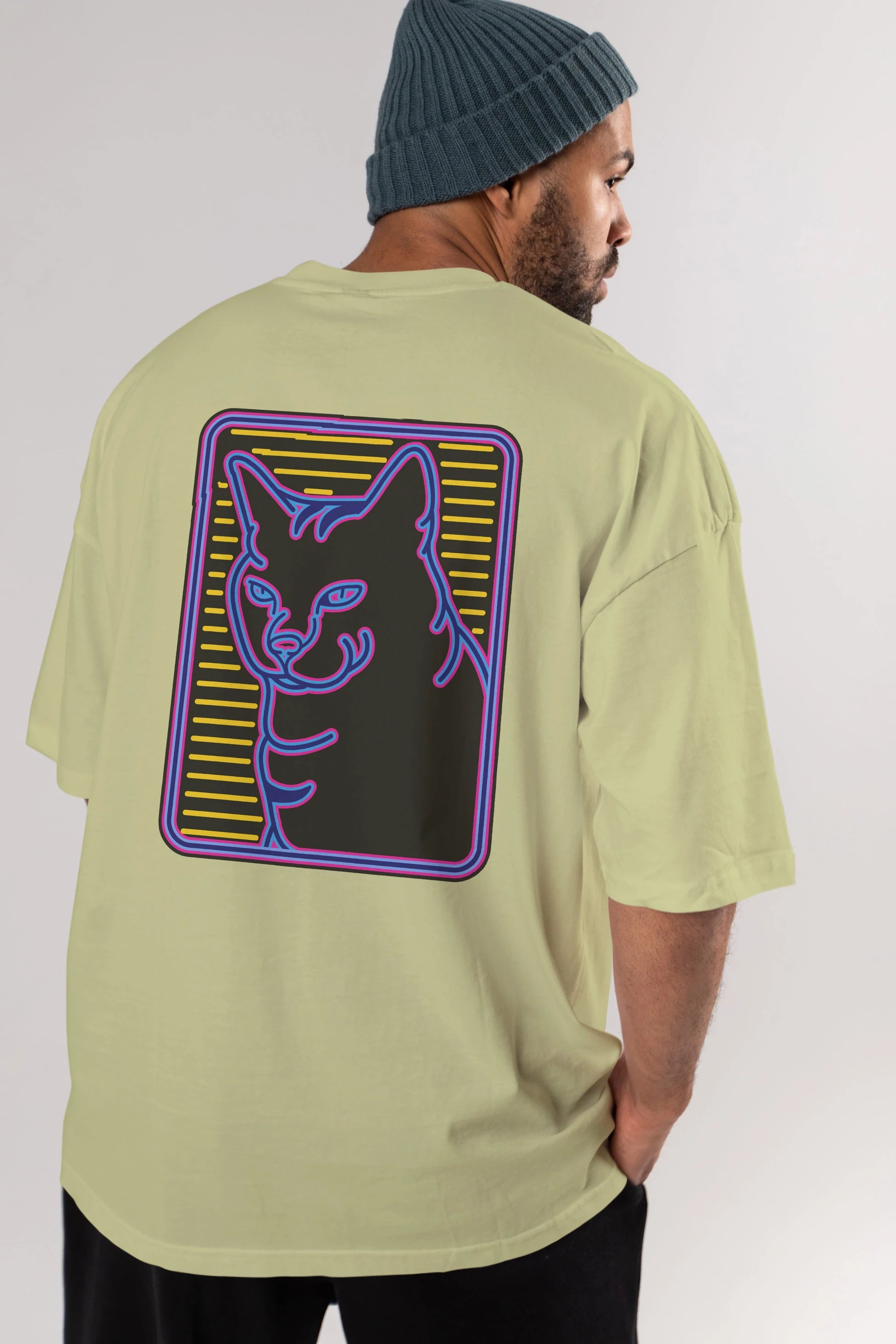 Neon Cat Arka Baskılı Oversize t-shirt Erkek Kadın Unisex