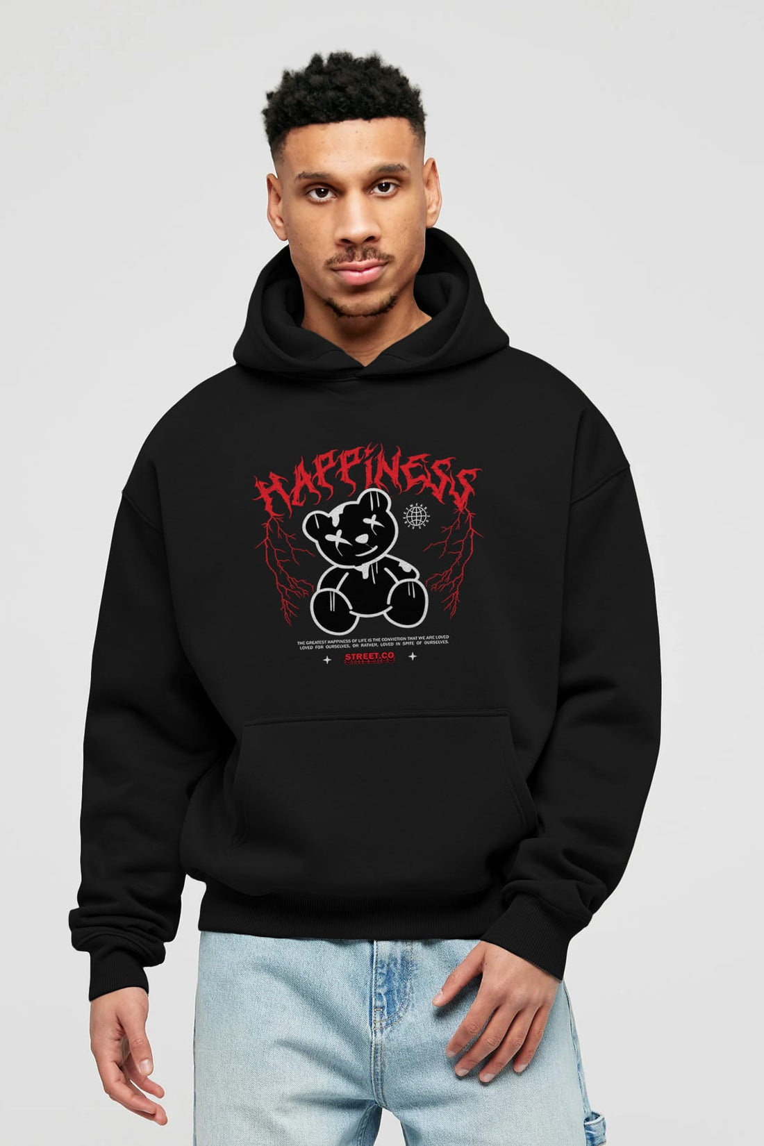 Happiness Bear Ön Baskılı Hoodie Oversize Kapüşonlu Sweatshirt Erkek Kadın Unisex