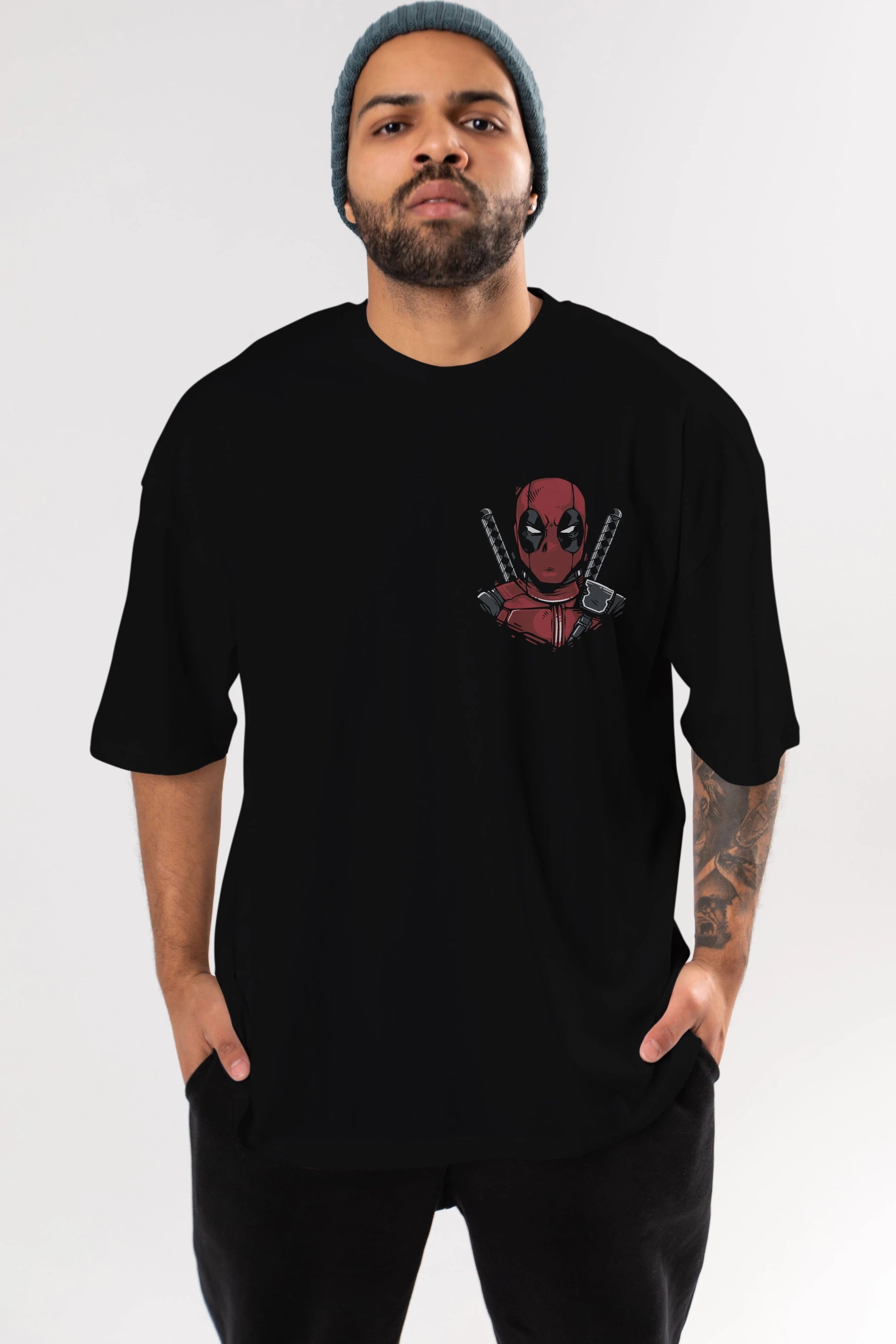 Deadpool (4) Ön Sol Baskılı Oversize t-shirt Erkek Kadın Unisex %100 Pamuk Bisiklet Yaka tişort