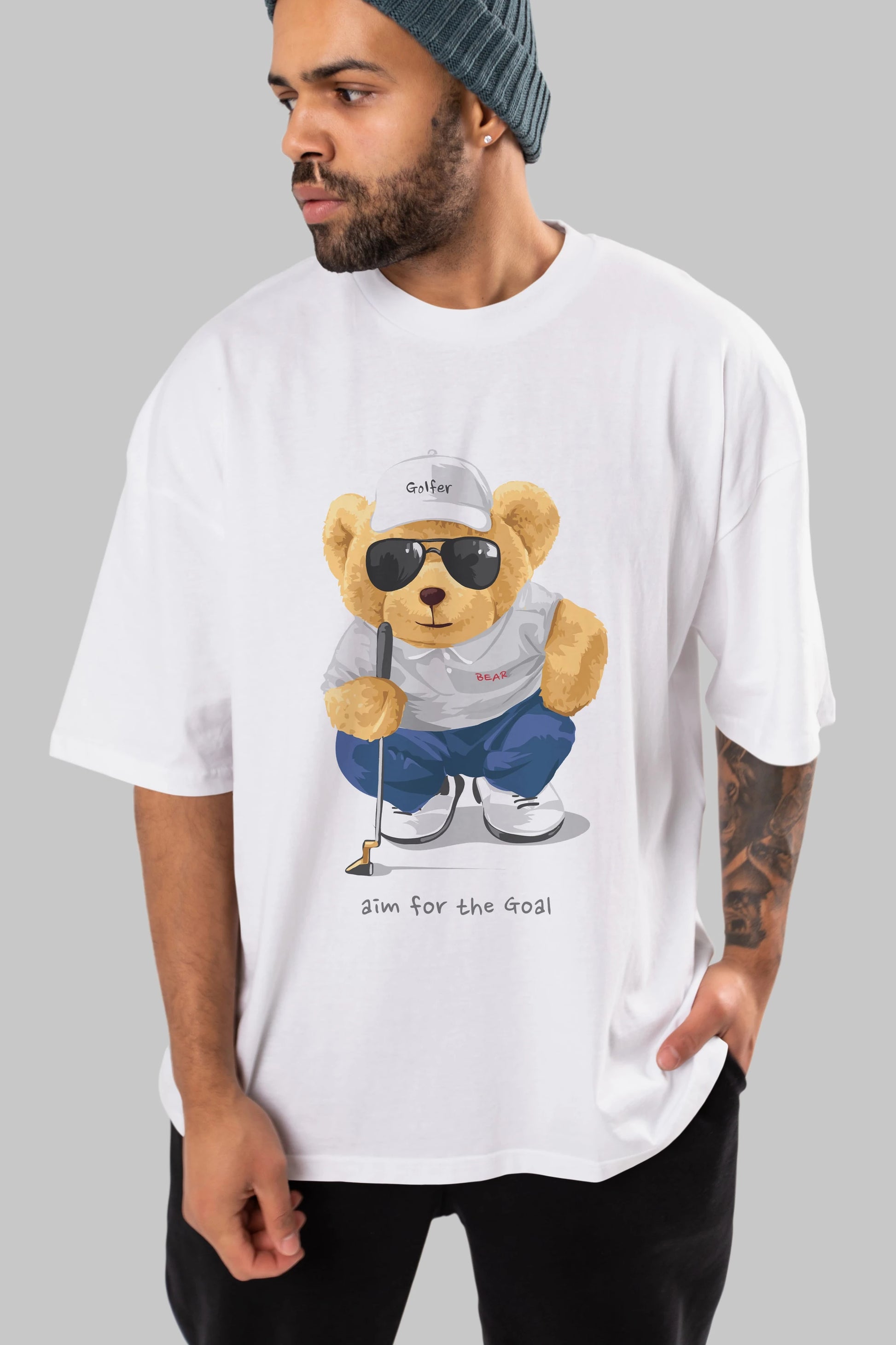 Teddy Bear Golfer Ön Baskılı Oversize t-shirt Erkek Kadın Unisex %100 Pamuk
