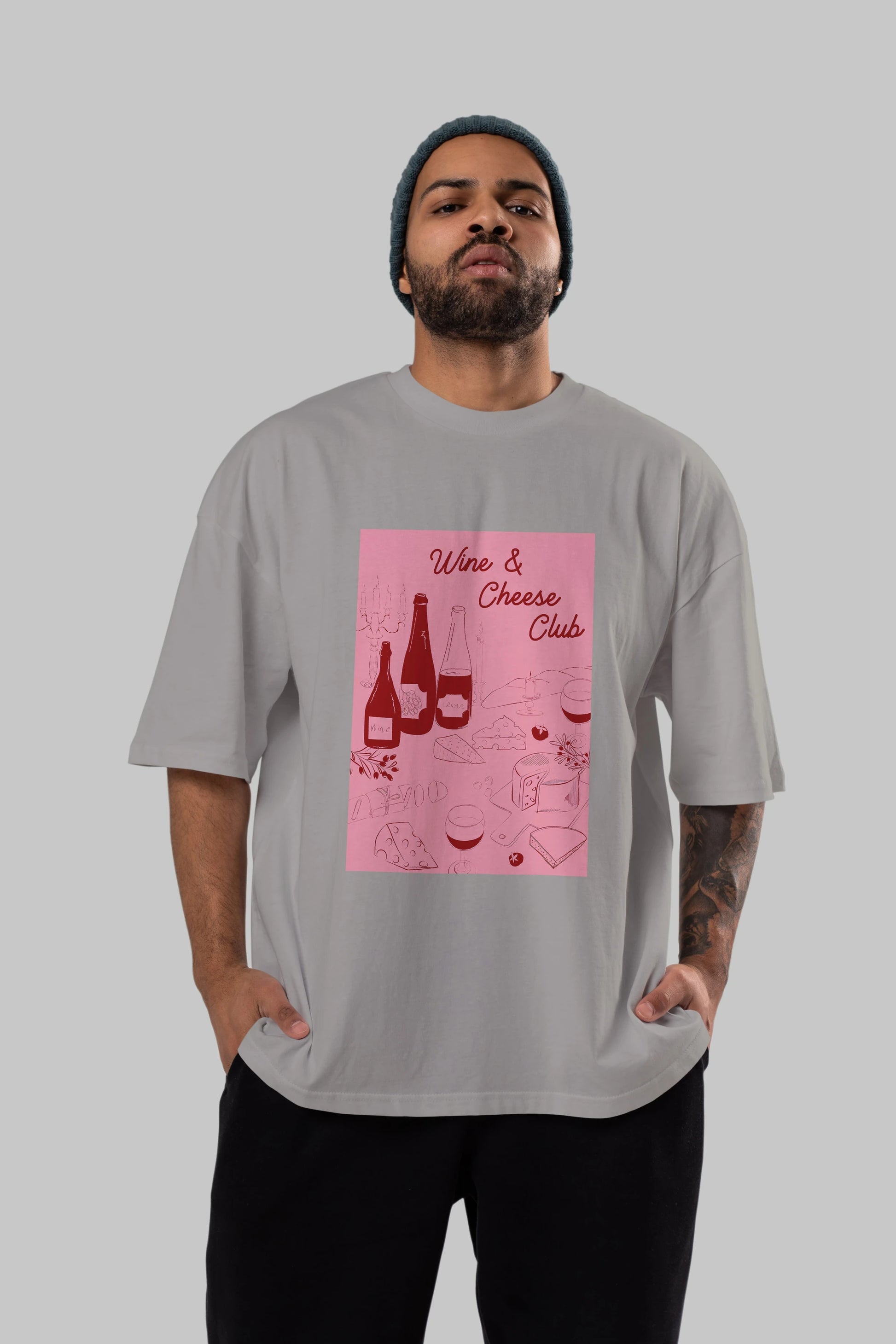 Wine Cheese Club Ön Baskılı Oversize t-shirt Erkek Kadın Unisex %100 Pamuk Bisiklet Yaka tişort