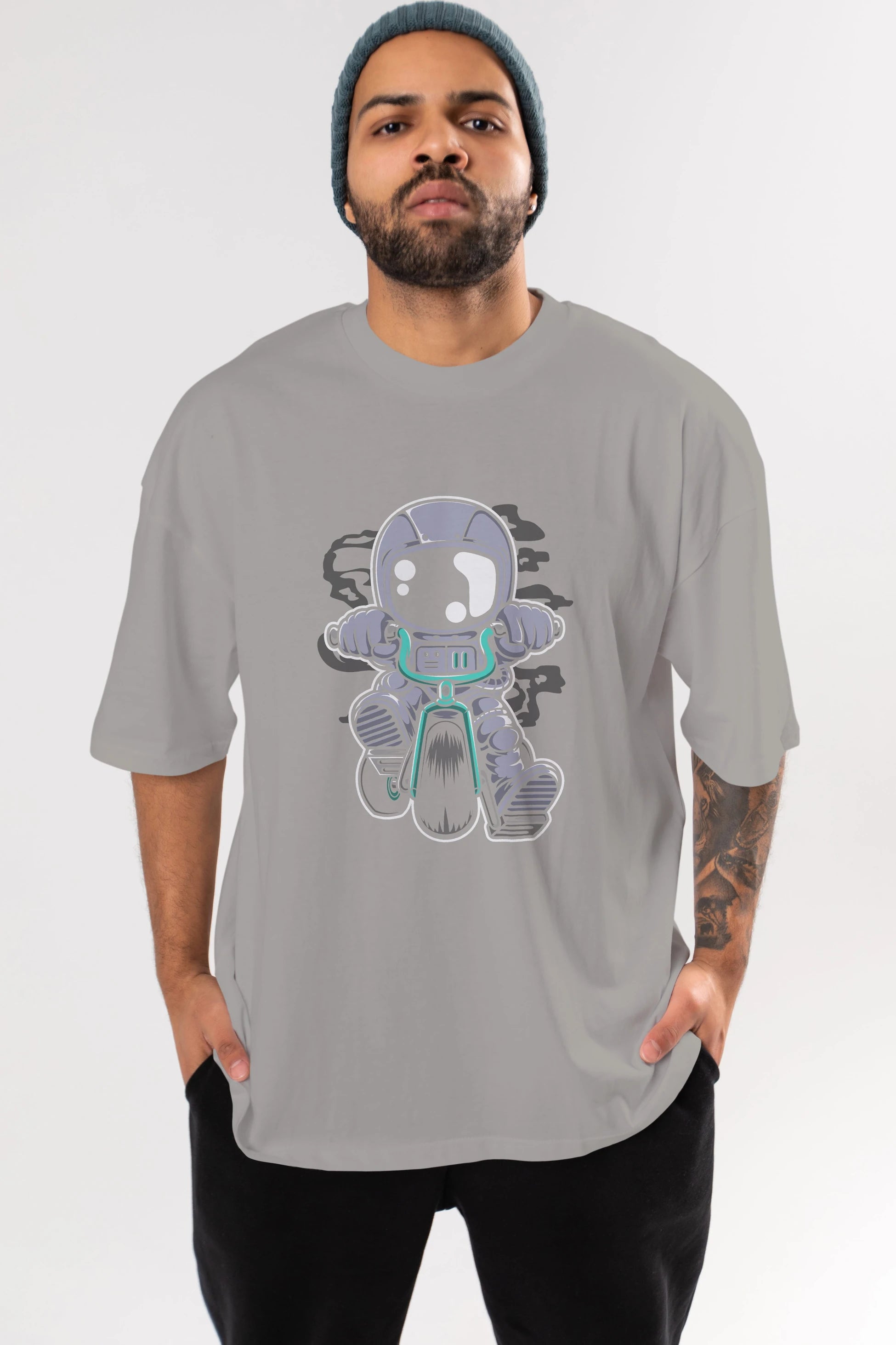 Astronaut Biker Ön Baskılı Oversize t-shirt Erkek Kadın Unisex