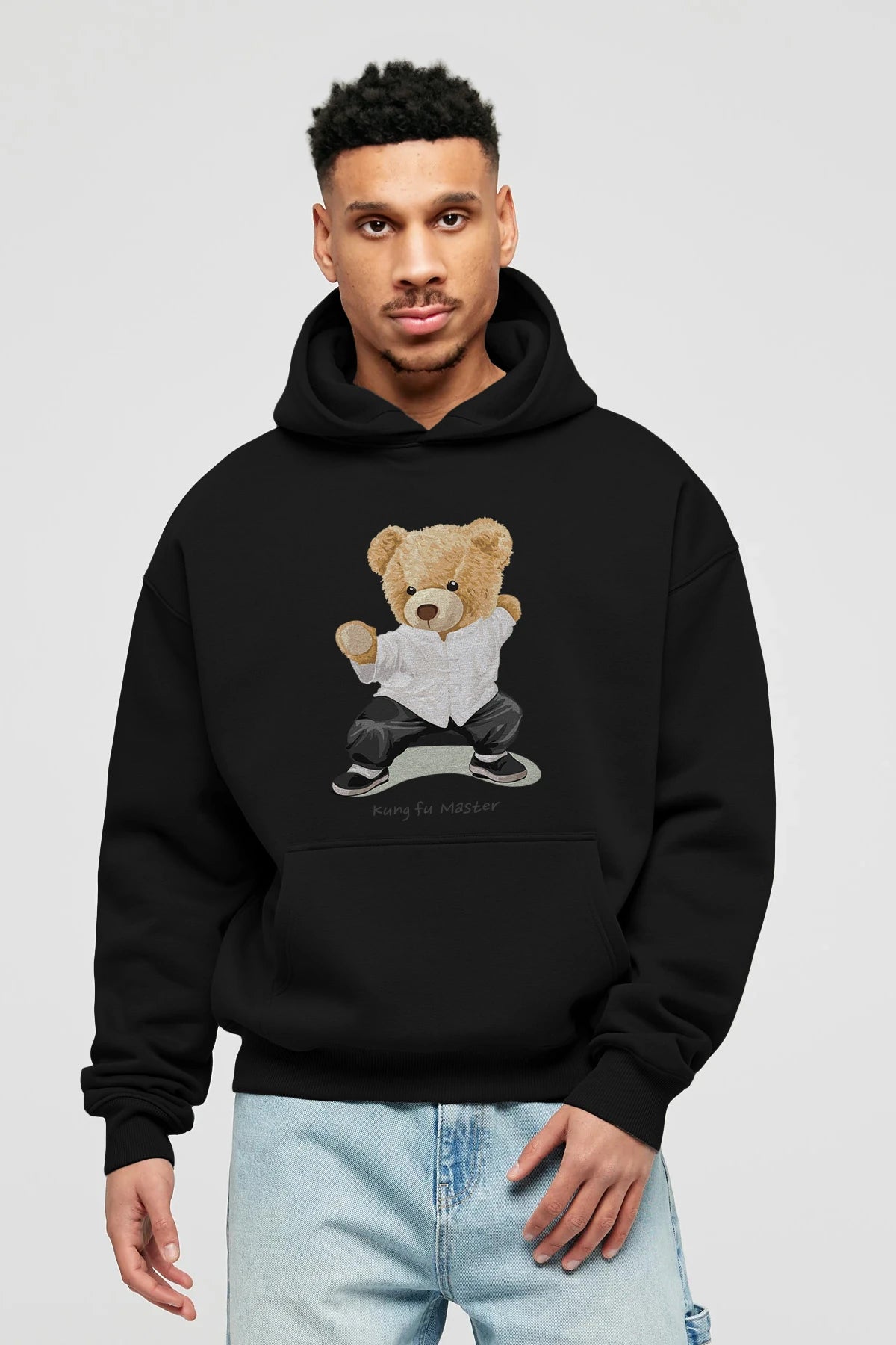 Teddy Bear Kung Fu Master Ön Baskılı Hoodie Oversize Kapüşonlu Sweatshirt Erkek Kadın Unisex