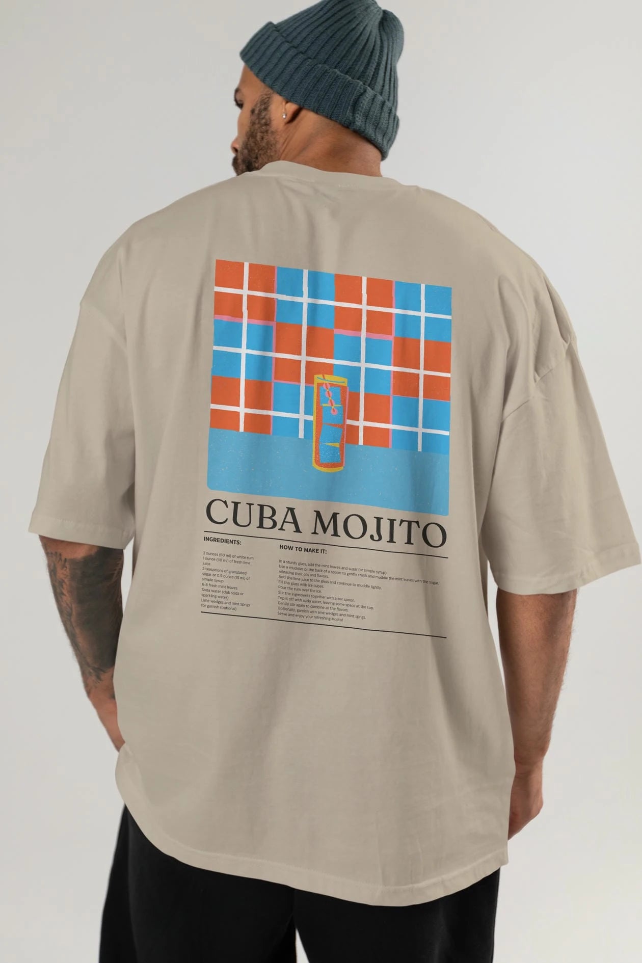 Cuba Mojıto Kokteyl Serisi Arka Baskılı Oversize t-shirt Erkek Kadın %100 Pamuk Bisiklet Yaka tişort