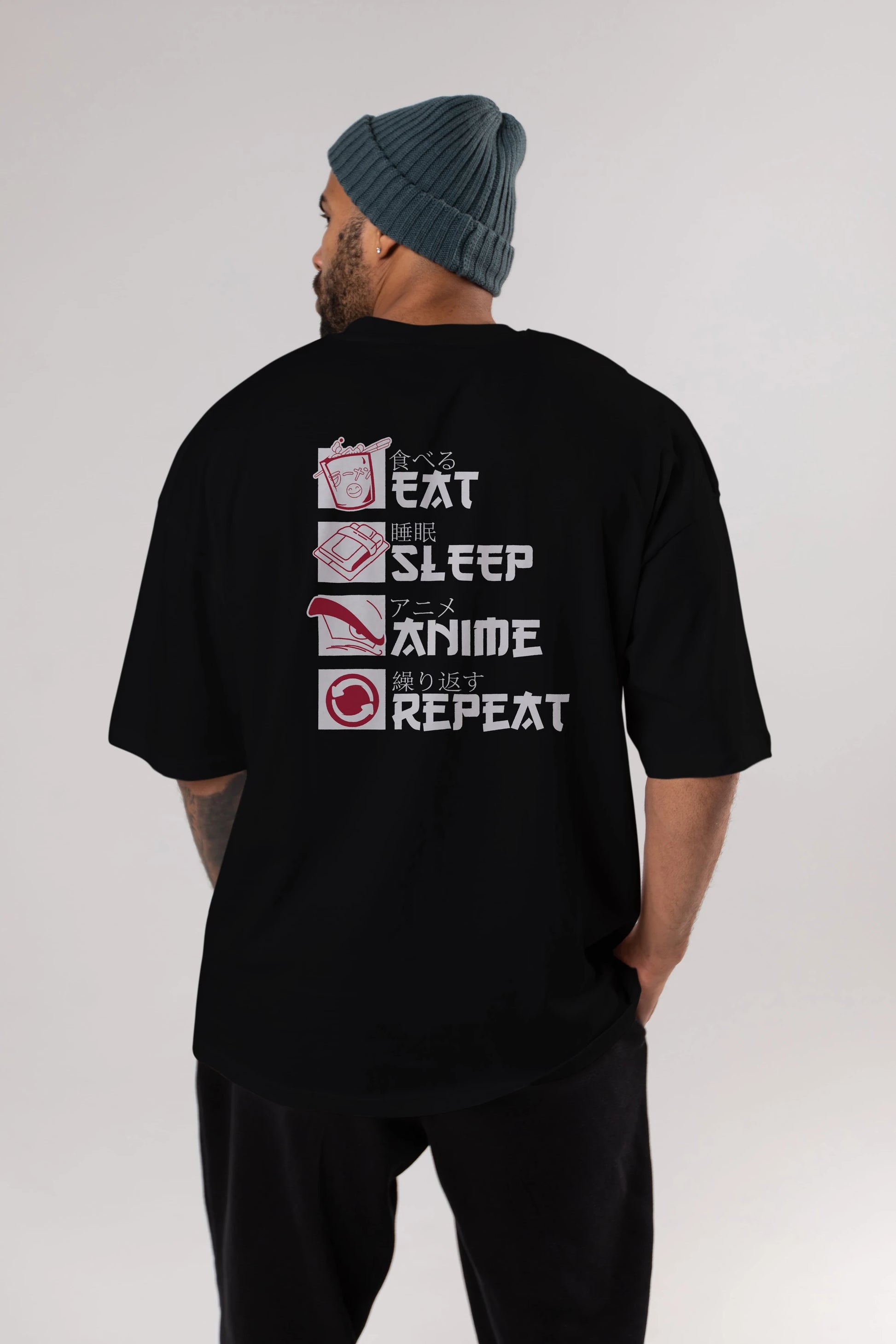 Eat, Sleep, Anime, Repeat Anime Arka Baskılı Oversize t-shirt Erkek Kadın Unisex