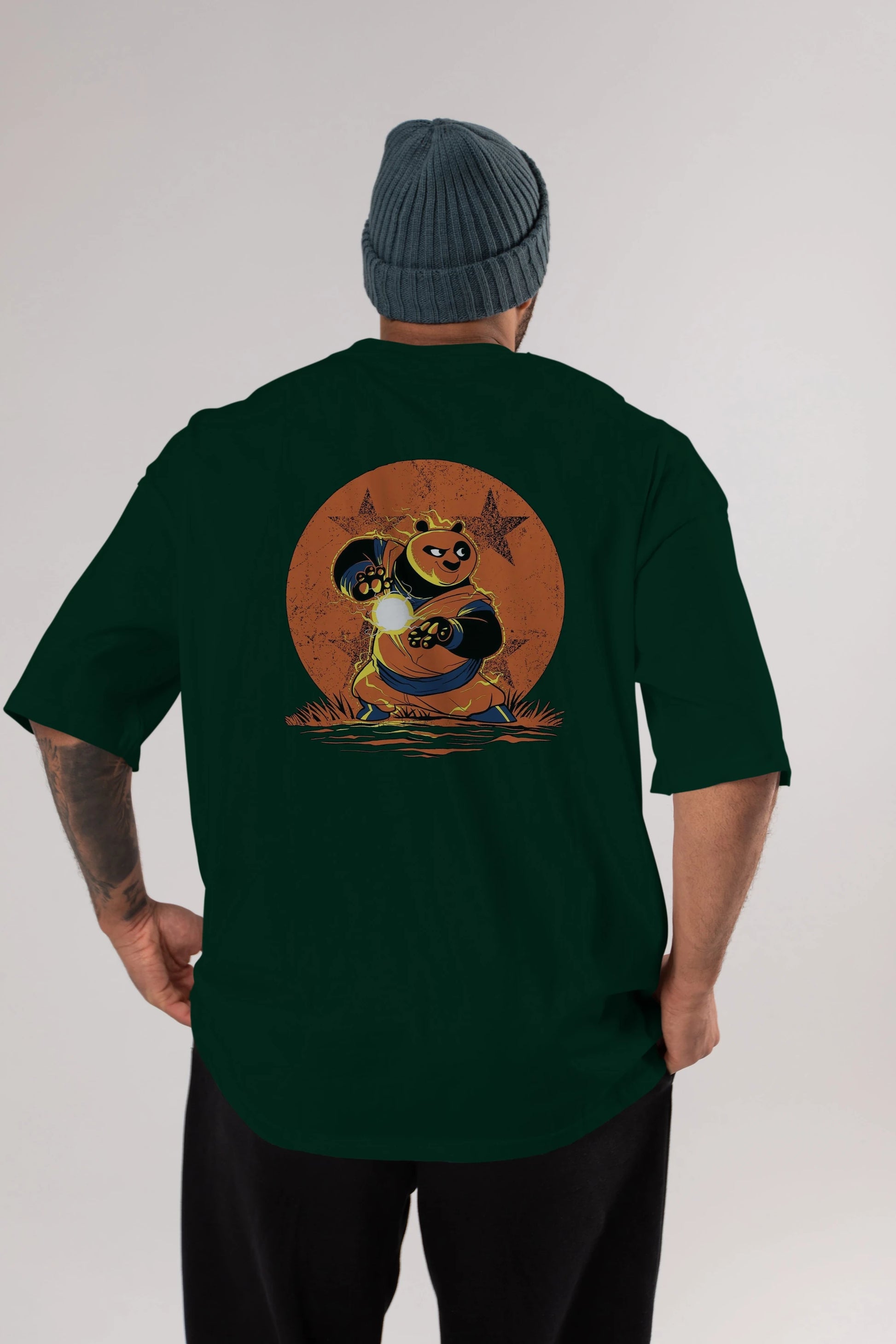 Kung Fu Panda Arka Baskılı Oversize t-shirt Erkek Kadın Unisex %100 Pamuk Bisiklet Yaka tişort