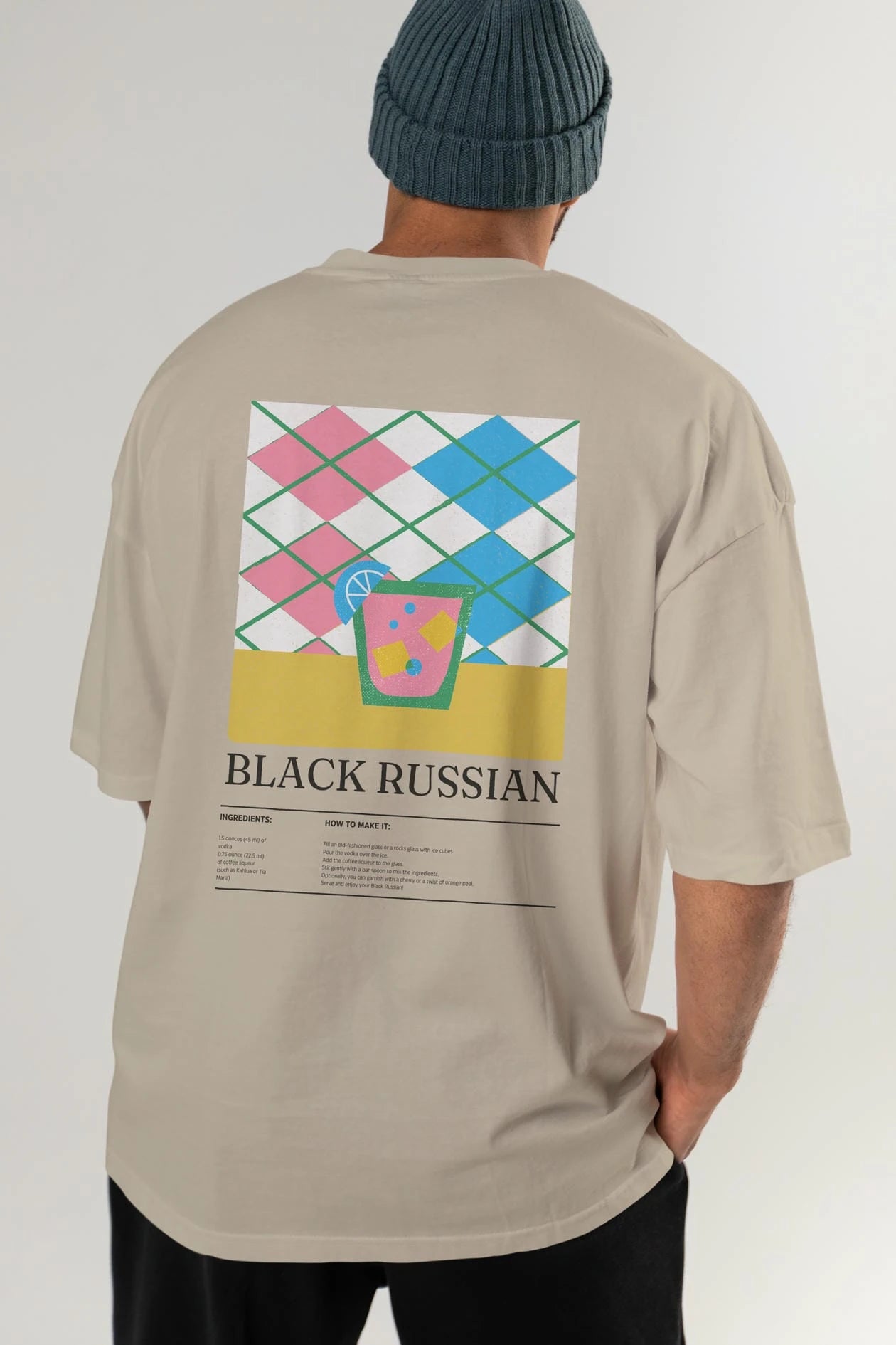 Black Russian Kokteyl Serisi Arka Baskılı Oversize t-shirt Erkek Kadın %100 Pamuk Bisiklet Yaka tişort