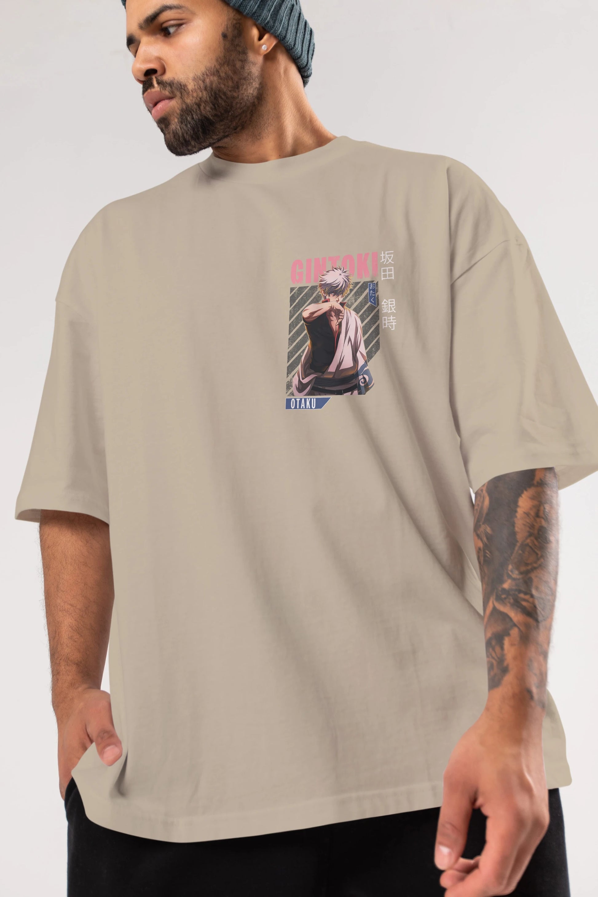 Gintoki Sakata Ön Sol Baskılı Oversize t-shirt Erkek Kadın Unisex %100 Pamuk Bisiklet Yaka tişort