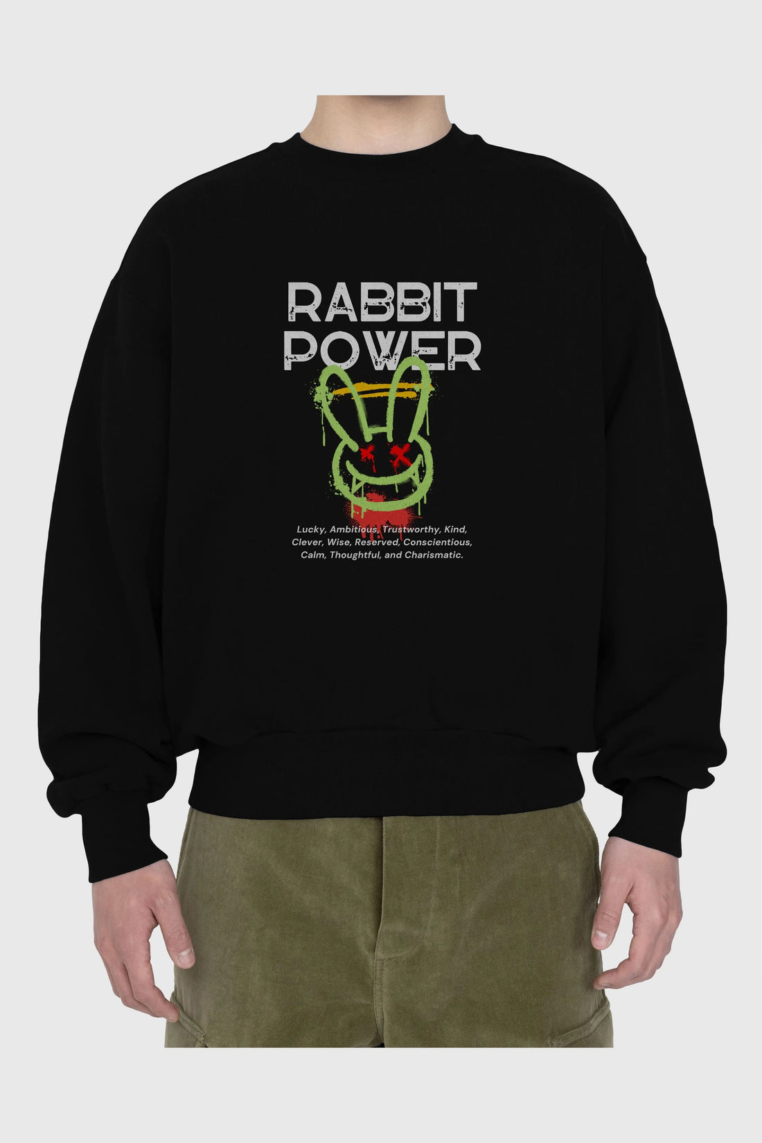 Rabbit Power Yazılı Ön Baskılı Oversize Sweatshirt Erkek Kadın Unisex