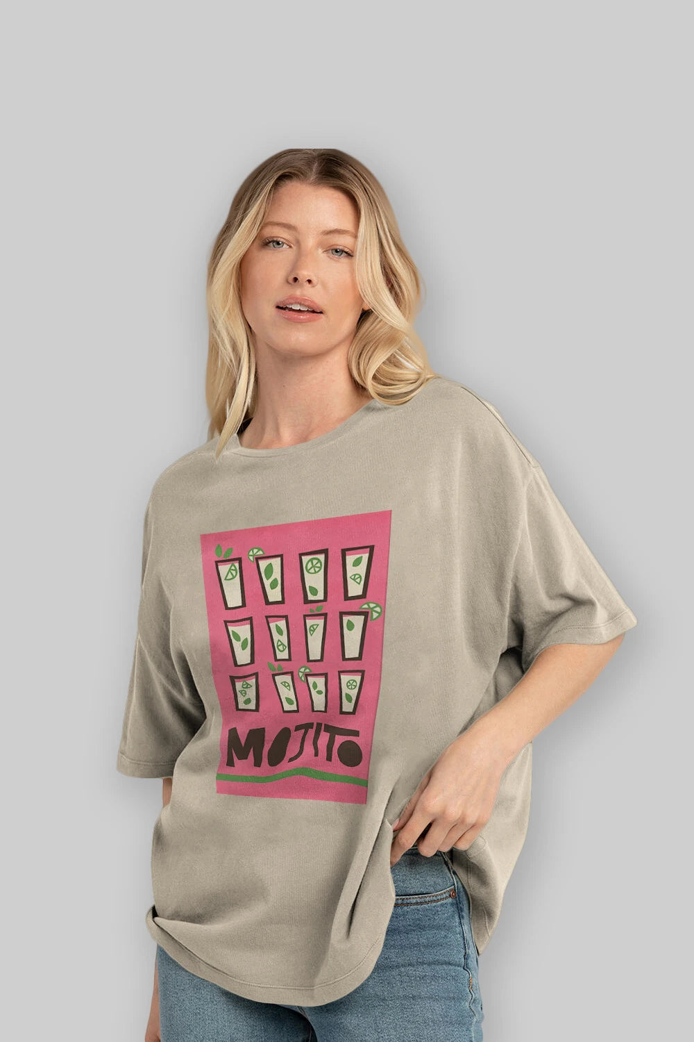 Mojito Ön Baskılı Oversize t-shirt Erkek Kadın Unisex %100 Pamuk Bisiklet Yaka tişort