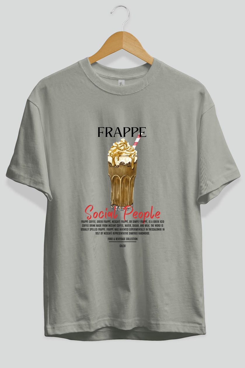 Frappe Kokteyl Serisi ön Baskılı Oversize t-shirt Erkek Kadın %100 Pamuk Bisiklet Yaka tişort