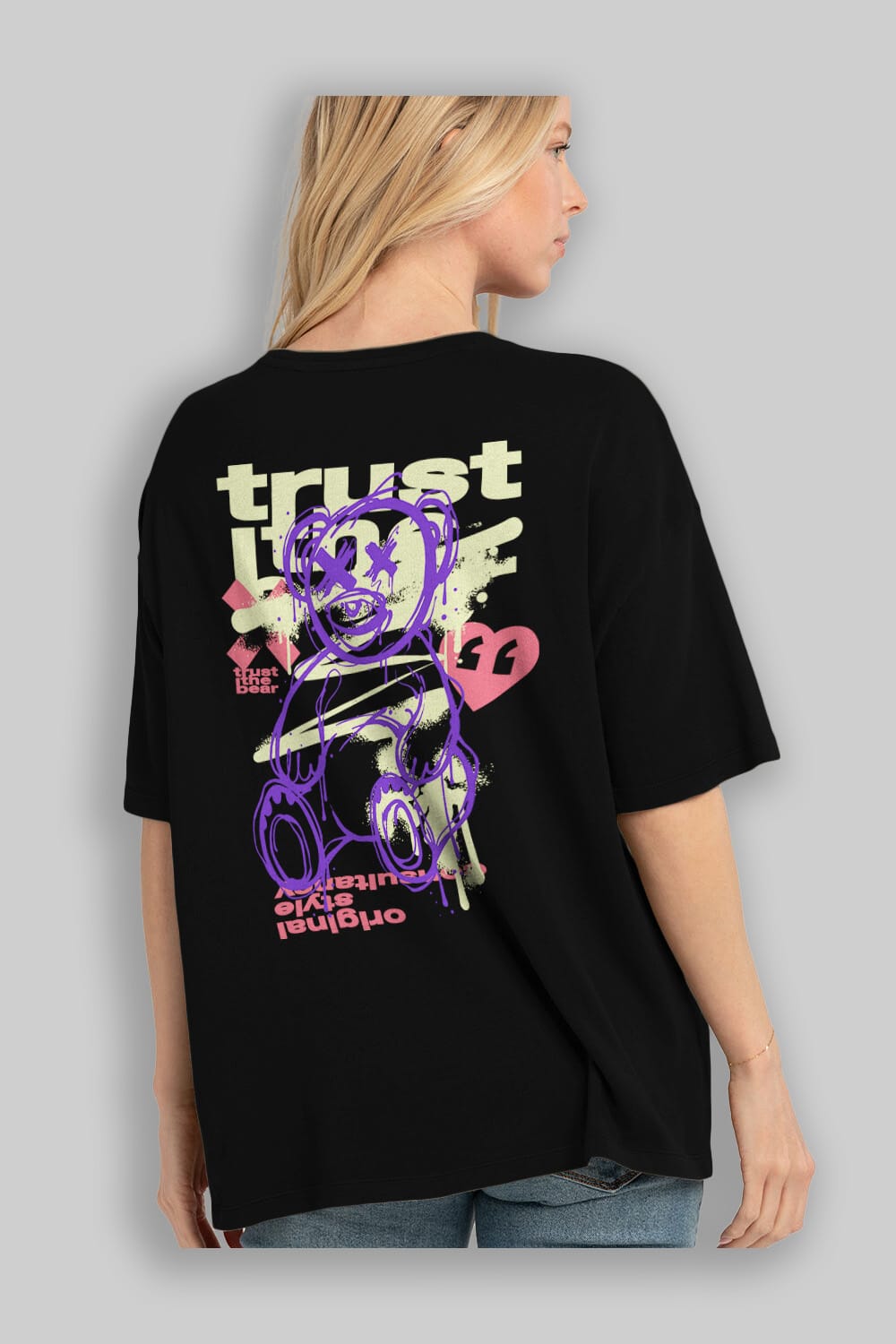 Trust The Bear 3 Arka Baskılı Oversize t-shirt Erkek Kadın Unisex