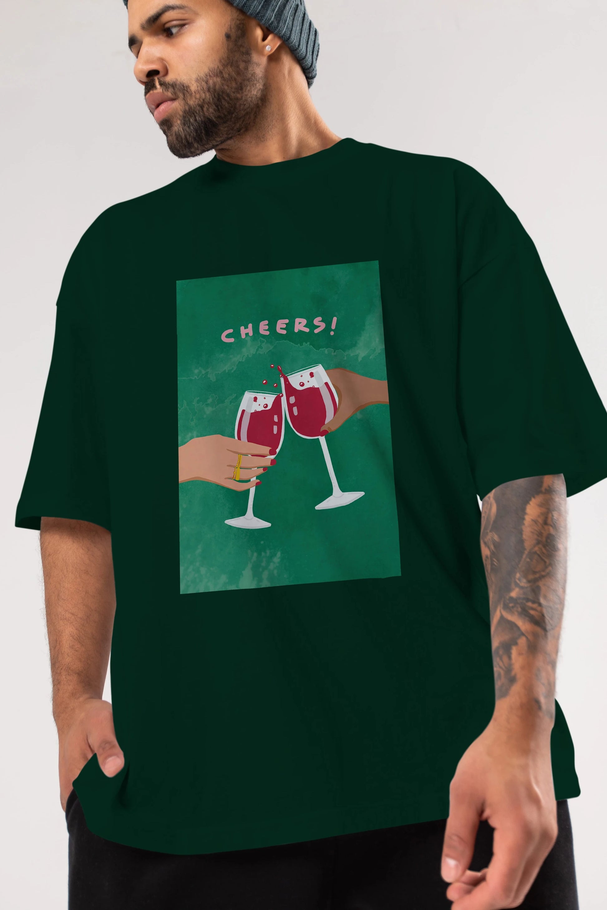 Cheers Ön Baskılı Oversize t-shirt Erkek Kadın Unisex %100 Pamuk Bisiklet Yaka tişort