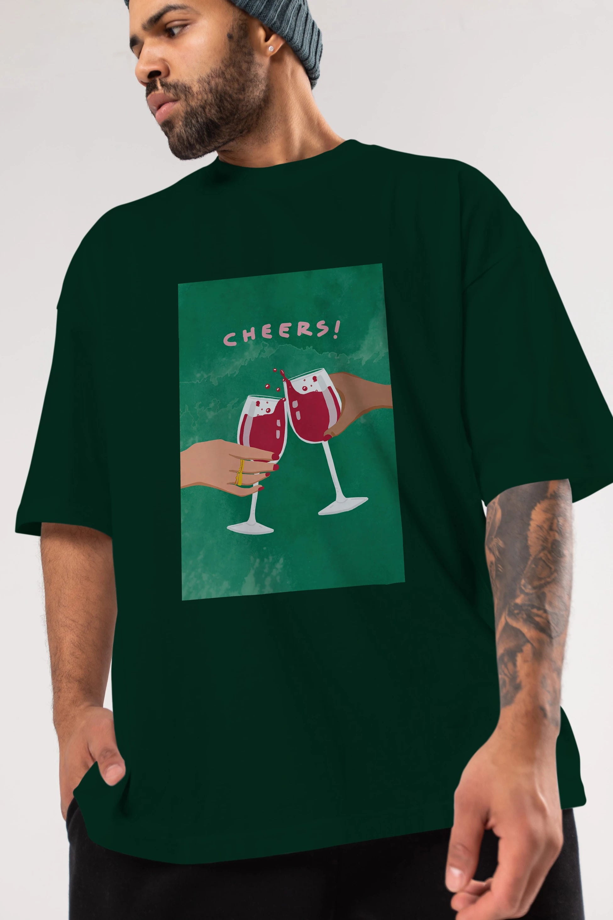 Cheers Ön Baskılı Oversize t-shirt Erkek Kadın Unisex %100 Pamuk Bisiklet Yaka tişort