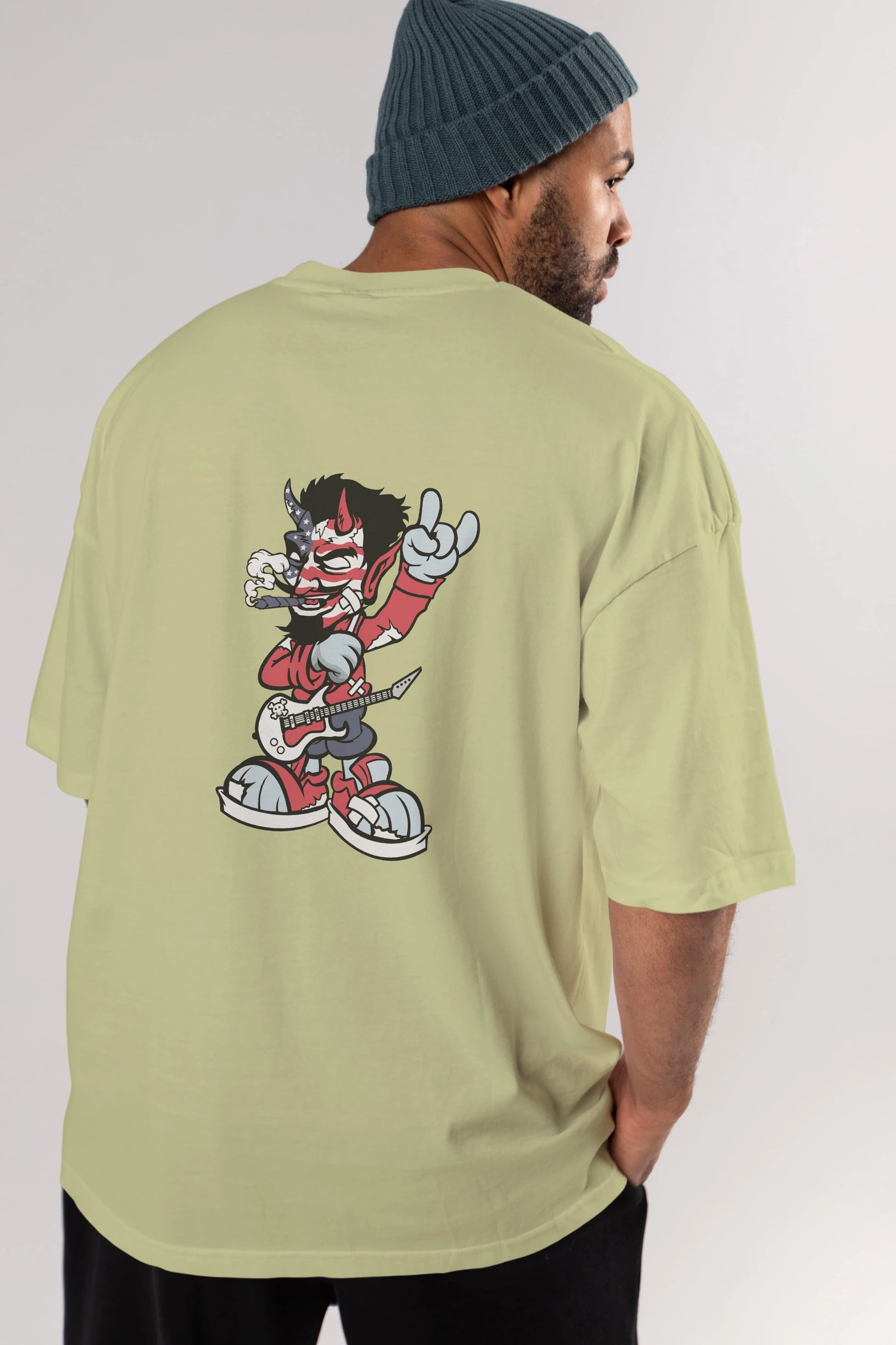 American Devil Rockstar Arka Baskılı Oversize t-shirt Erkek Kadın Unisex %100 Pamuk tişort