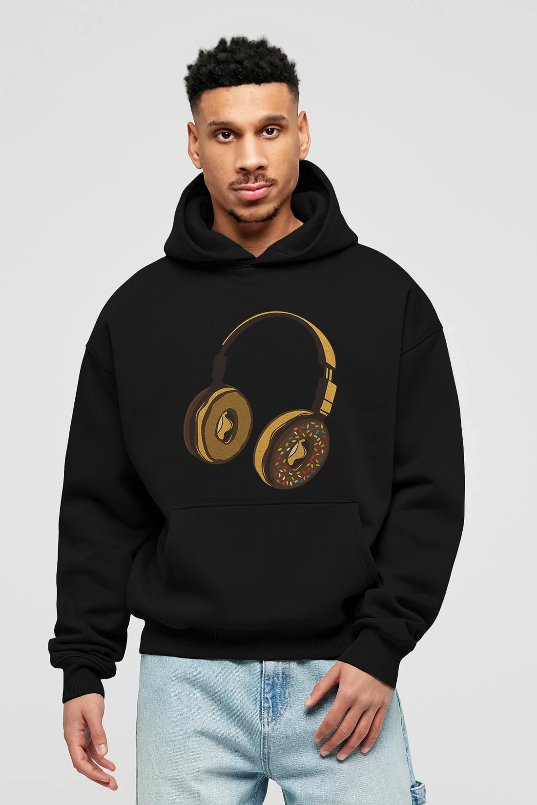 Headphone Donut Ön Baskılı Hoodie Oversize Kapüşonlu Sweatshirt Erkek Kadın Unisex