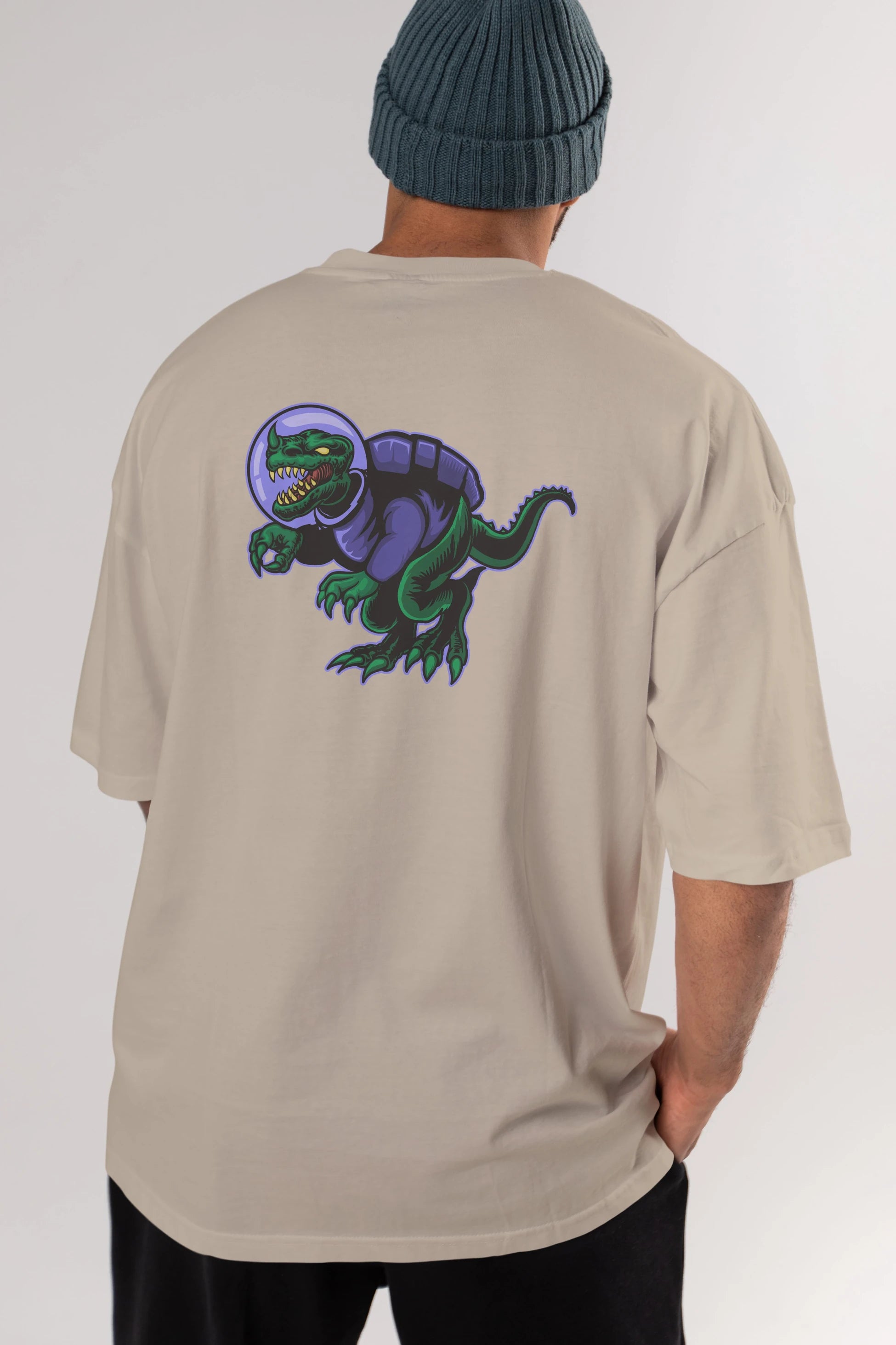 Space Dino Arka Baskılı Oversize t-shirt Erkek Kadın Unisex