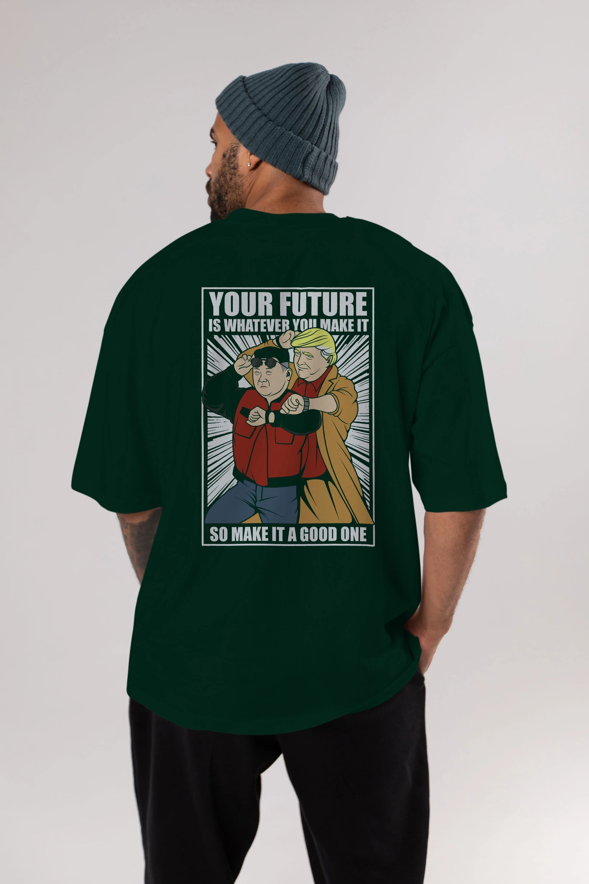 Back To The Future Jong Un Trump Arka Baskılı Oversize t-shirt Erkek Kadın Unisex %100 Pamuk tişort