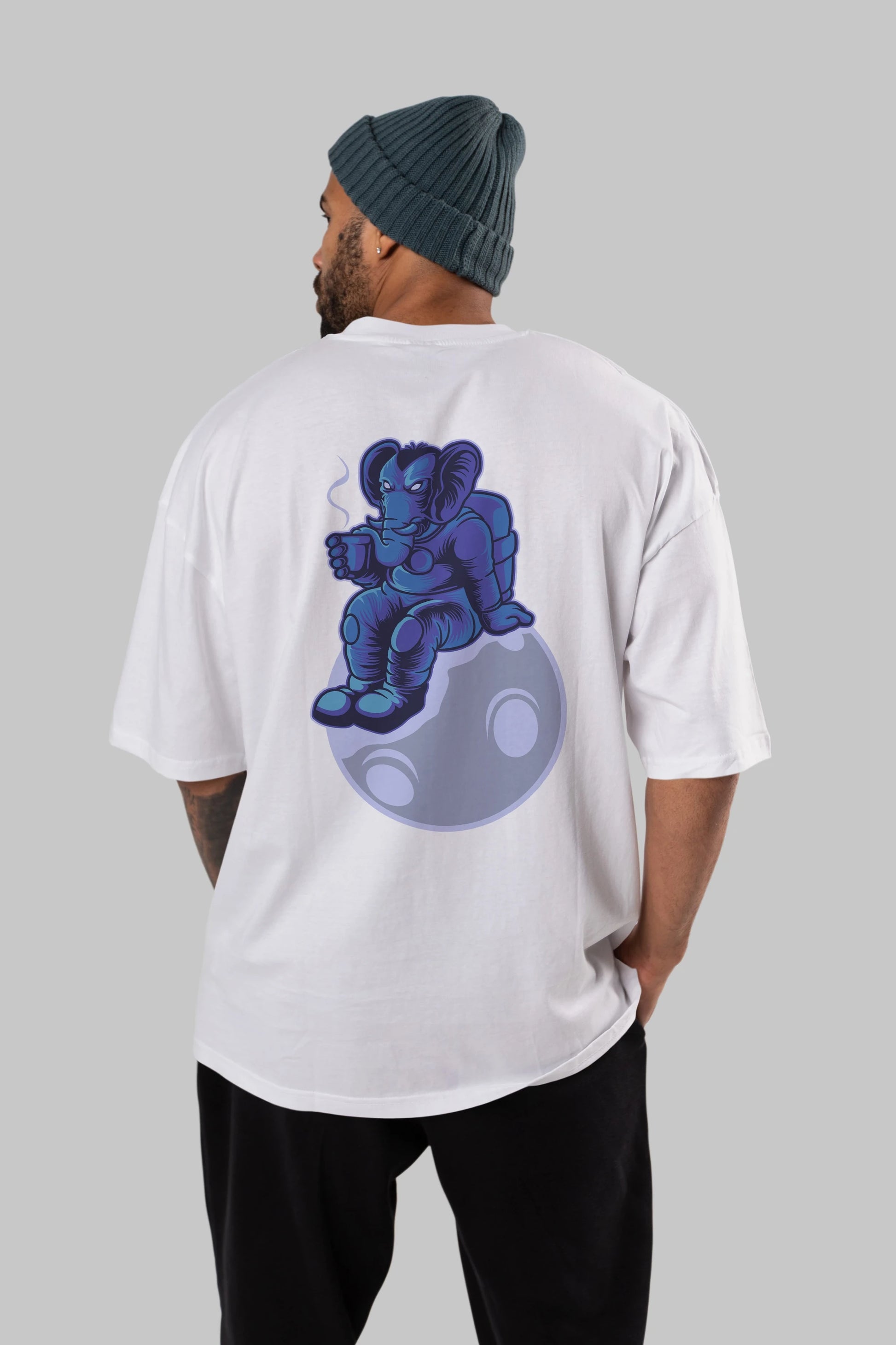 Space Elephant Drink Coffee Arka Baskılı Oversize t-shirt Erkek Kadın Unisex