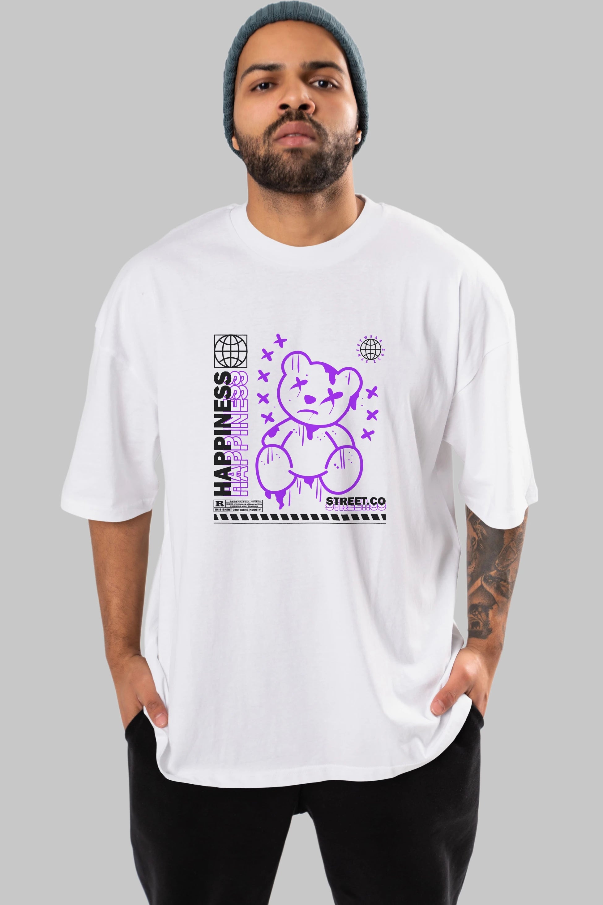 Happiness Bear 3 Ön Baskılı Oversize t-shirt Erkek Kadın Unisex