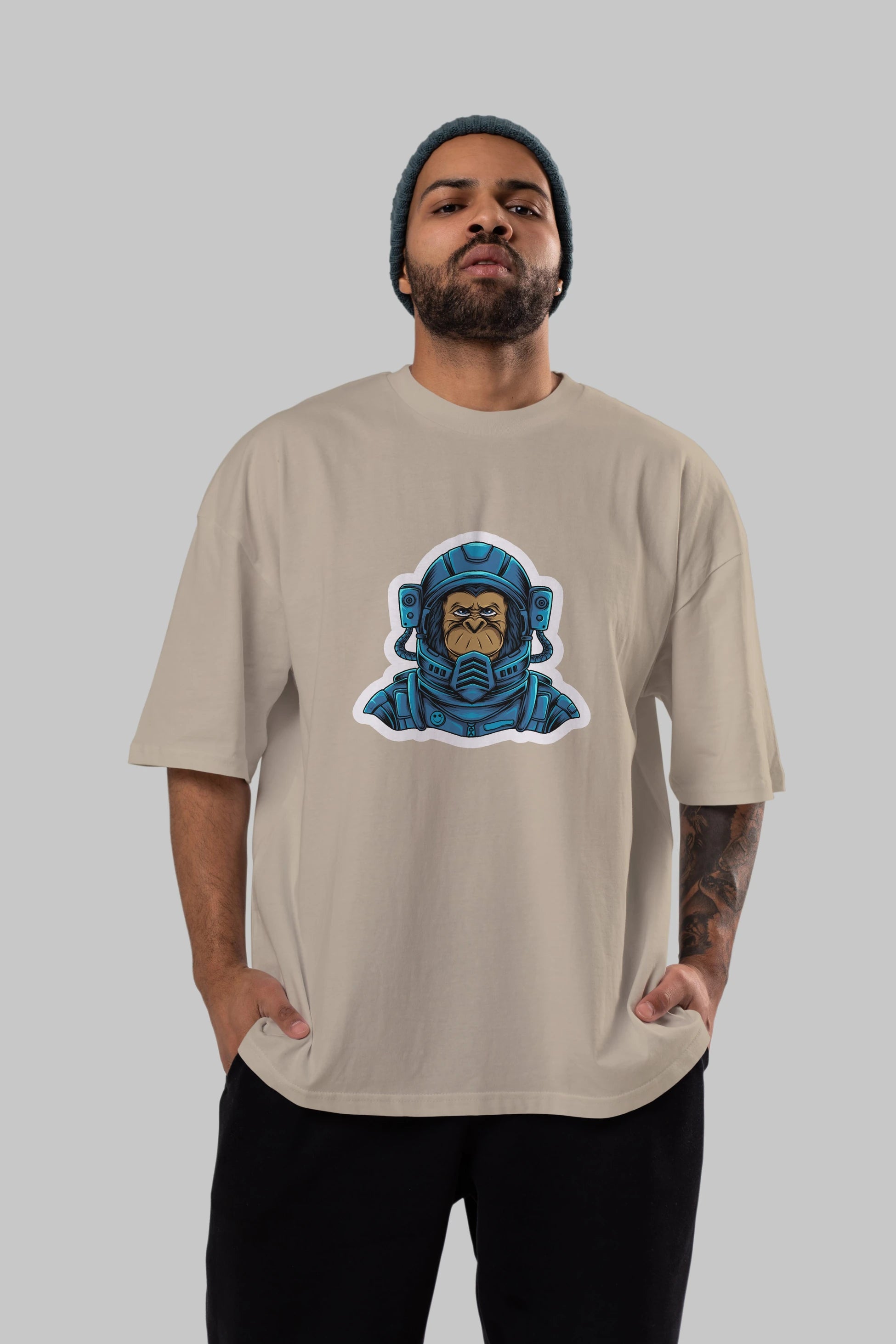 Astromonkey Sticker Ön Baskılı Oversize t-shirt Erkek Kadın Unisex