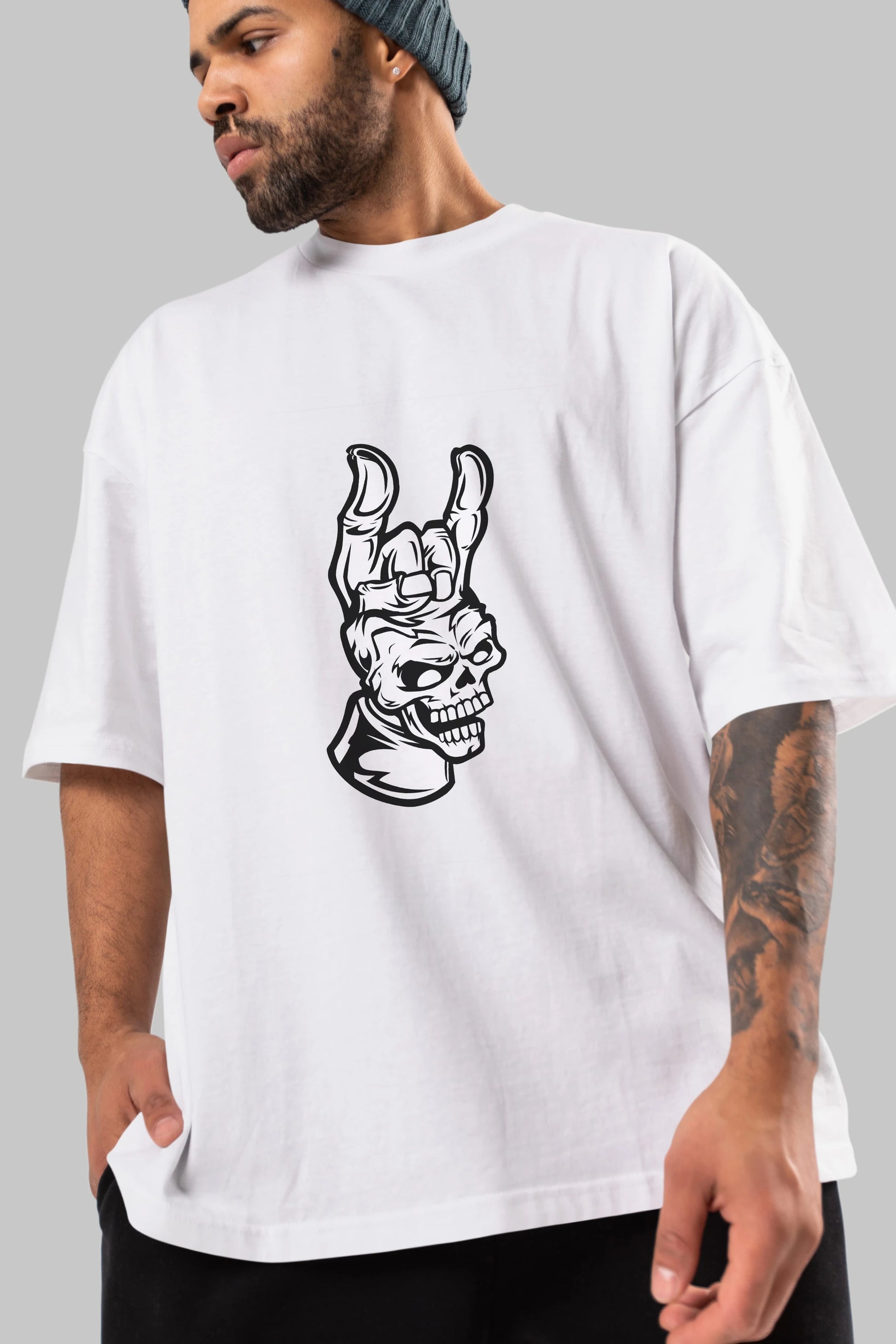 Hand Metal Skull Ön Baskılı Oversize t-shirt Erkek Kadın Unisex %100 Pamuk tişort