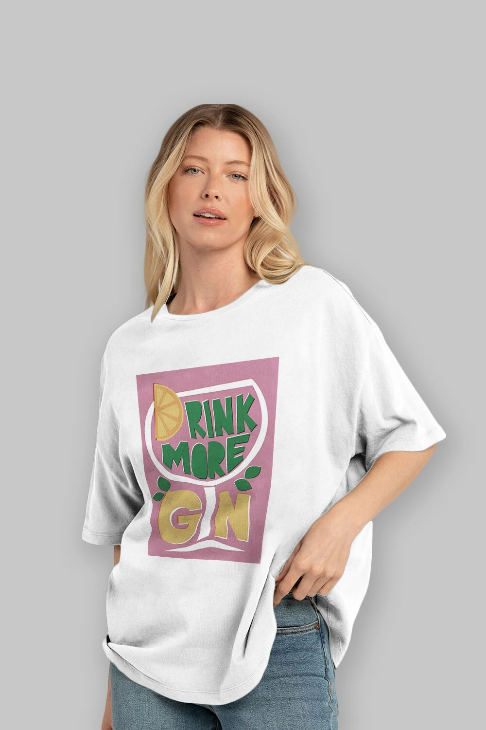 Drink More Gin Ön Baskılı Oversize t-shirt Erkek Kadın Unisex %100 Pamuk Bisiklet Yaka tişort