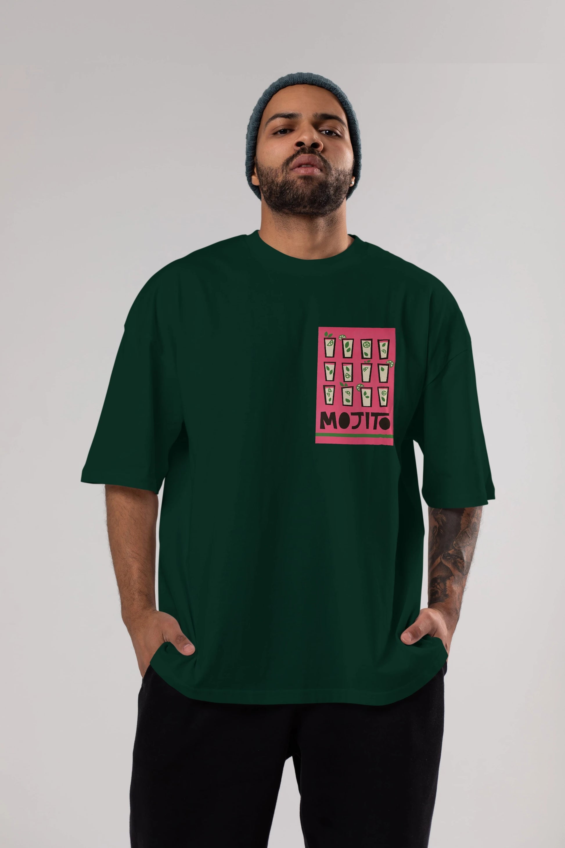 Mojito Ön Sol Baskılı Oversize t-shirt Erkek Kadın Unisex %100 Pamuk Bisiklet Yaka tişort