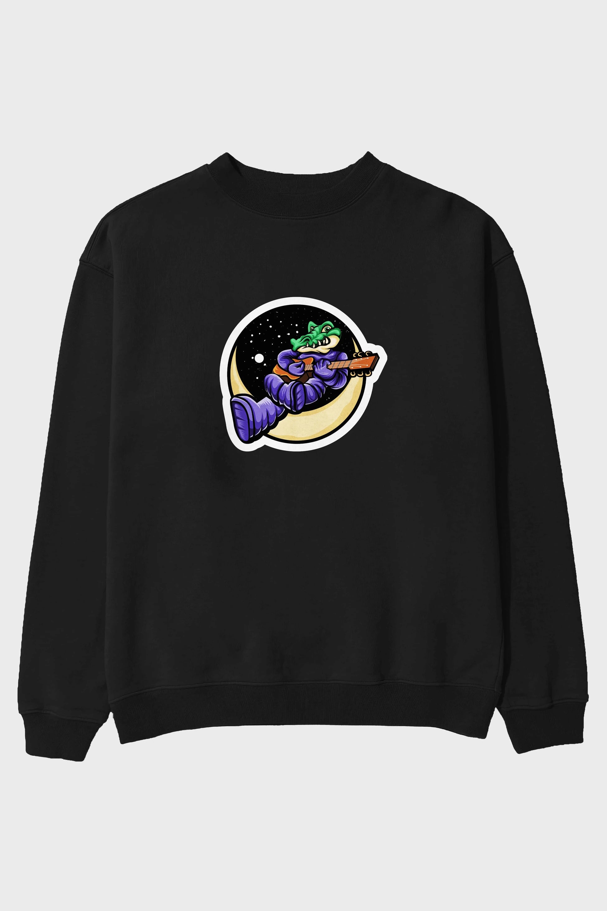 Space Crocodile Sticker Ön Baskılı Oversize Sweatshirt Erkek Kadın Unisex