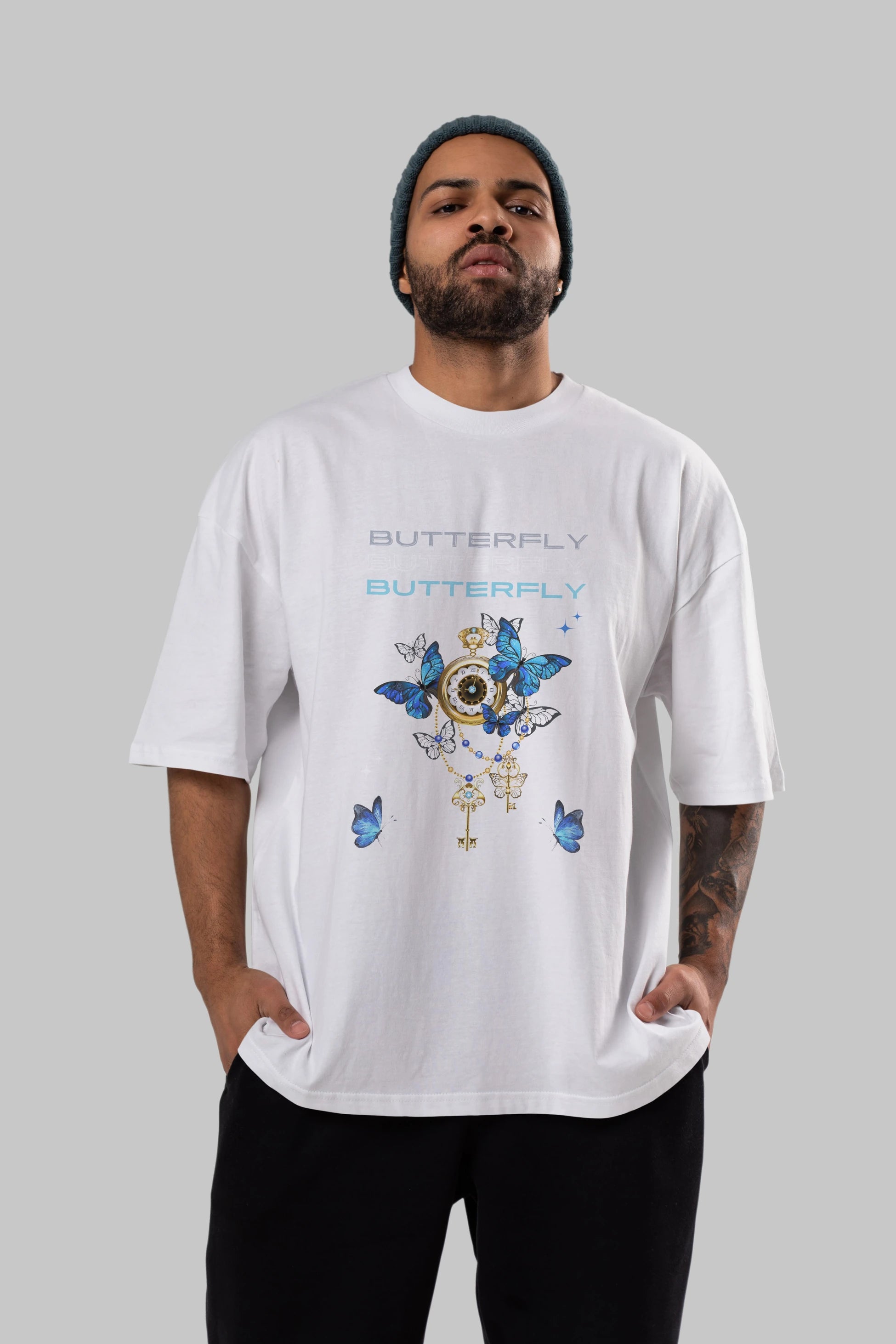 Butterfly Yazılı Ön Baskılı Oversize t-shirt Erkek Kadın Unisex