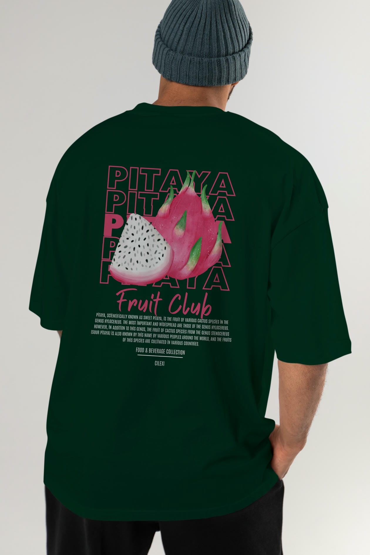 Pitaya Arka Baskılı Oversize t-shirt Erkek Kadın Pamuk Bisiklet Yaka tişort