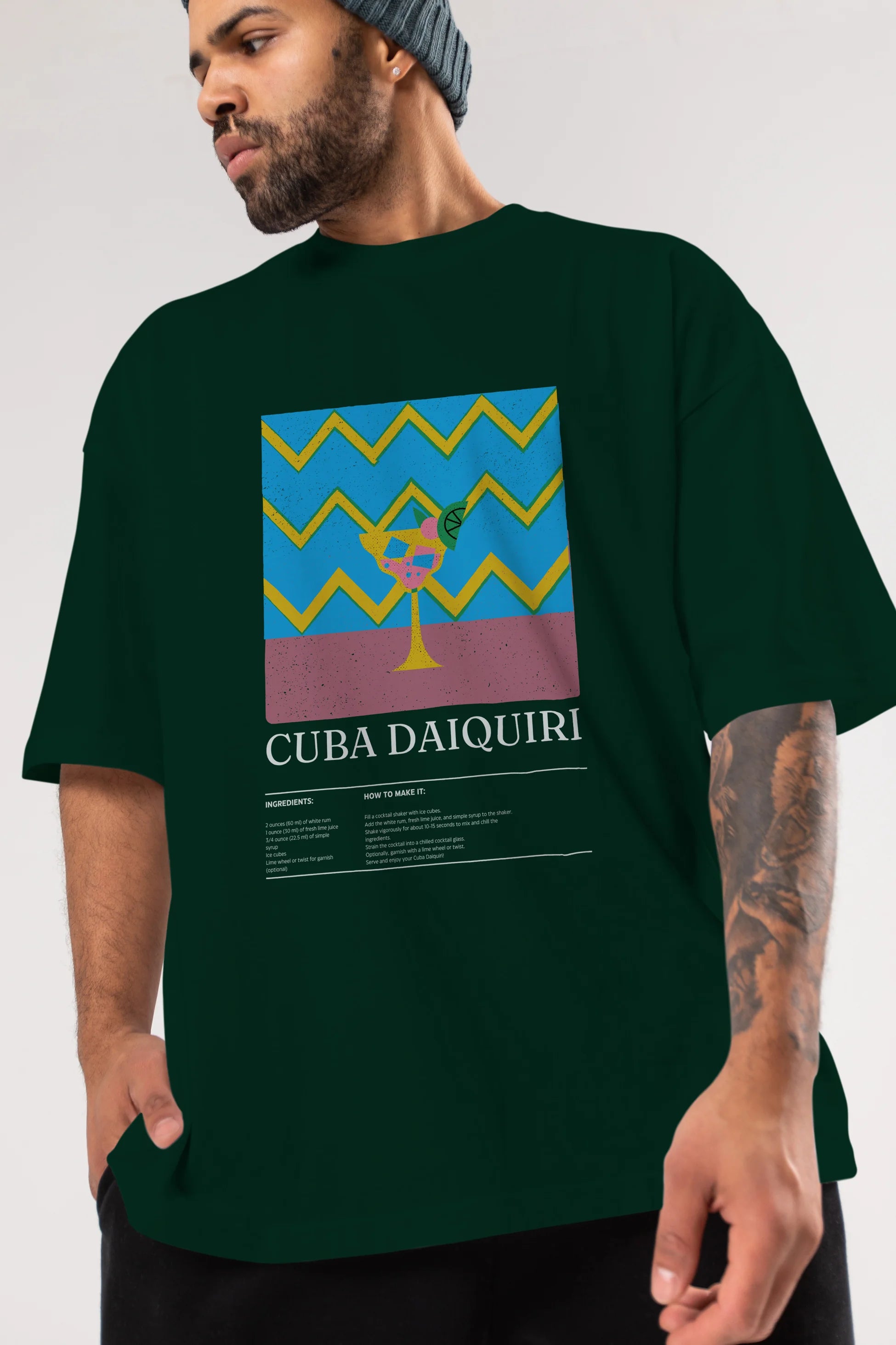 Cuba Daiquiri Kokteyl Ön Baskılı Oversize t-shirt Erkek Kadın %100 Pamuk Bisiklet Yaka tişort