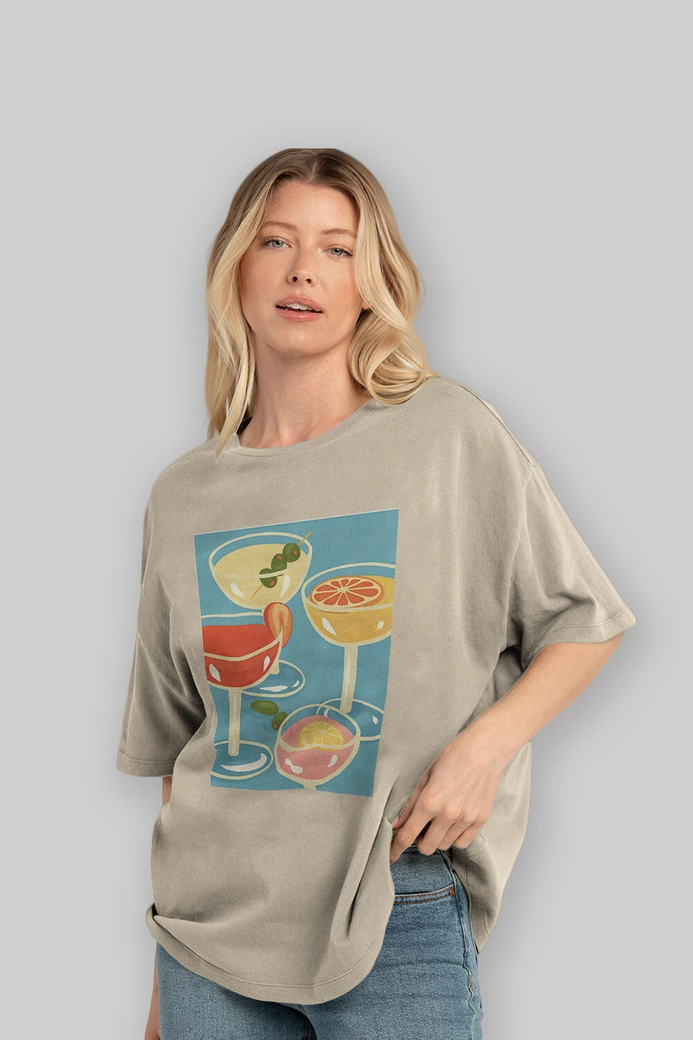 Cocktails Ön Baskılı Oversize t-shirt Erkek Kadın Unisex %100 Pamuk Bisiklet Yaka tişort
