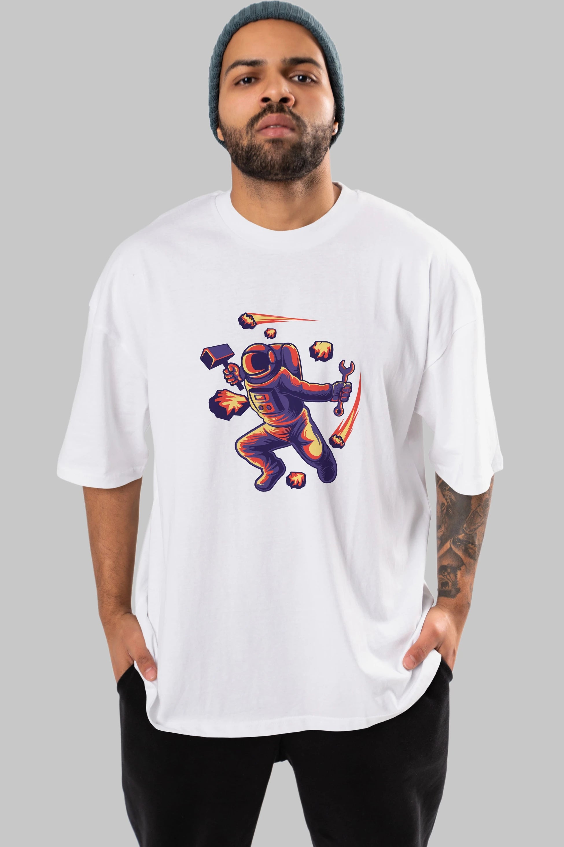Astronaut Block Meteor Ön Baskılı Oversize t-shirt Erkek Kadın Unisex