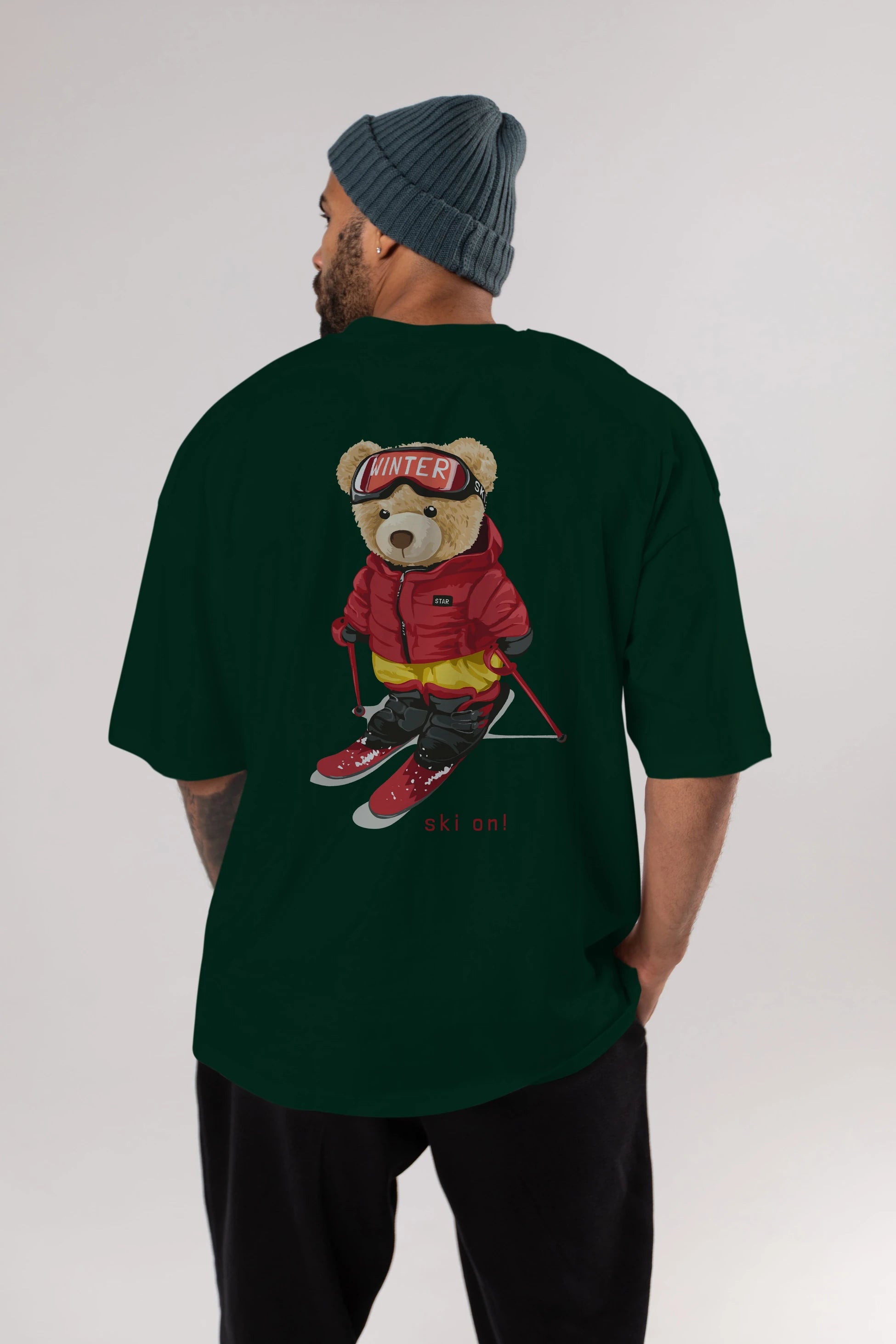 Teddy Bear Ski On Arka Baskılı Oversize t-shirt Erkek Kadın Unisex %100 Pamuk