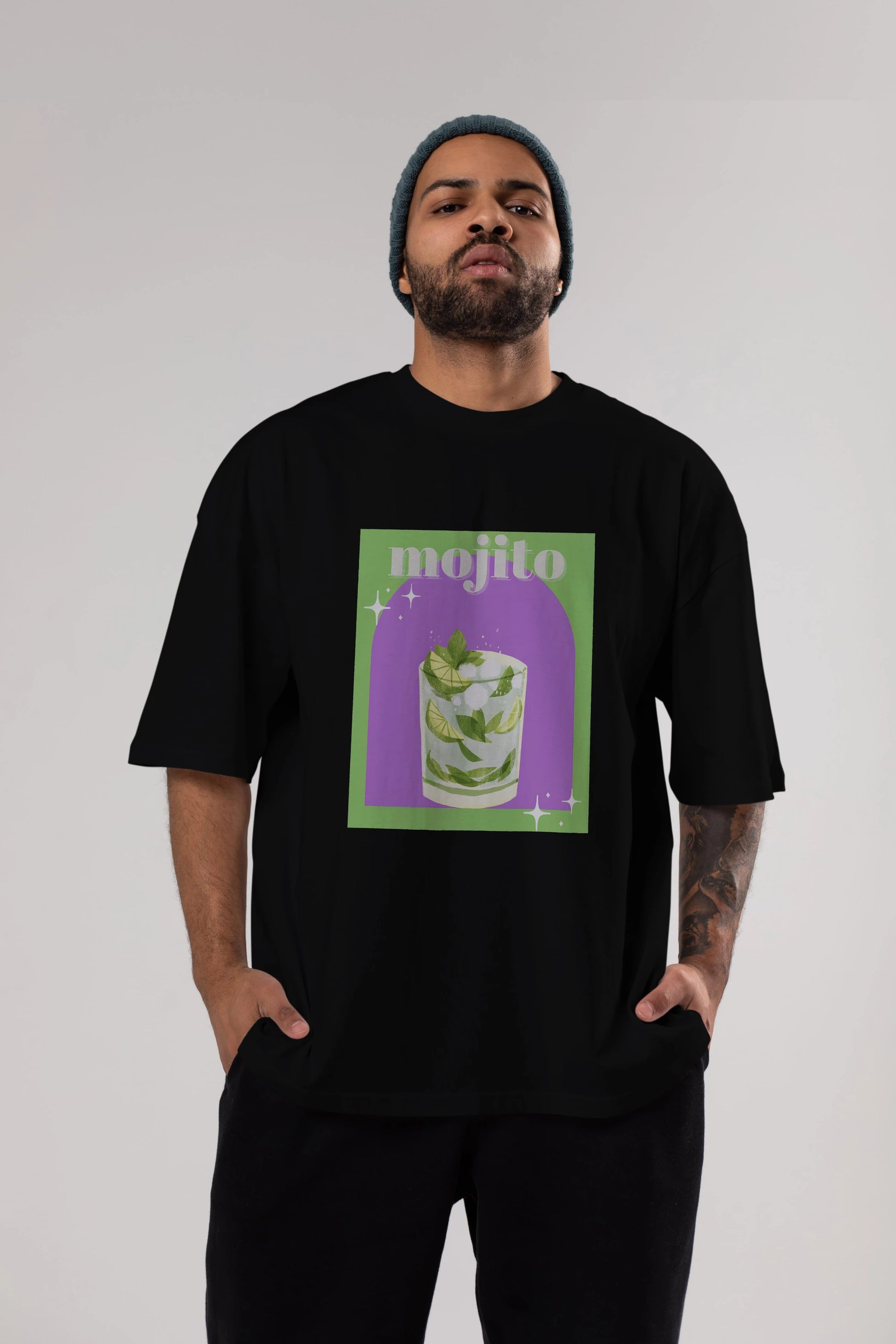 Mojito 3 Ön Baskılı Oversize t-shirt Erkek Kadın Unisex %100 Pamuk Bisiklet Yaka tişort