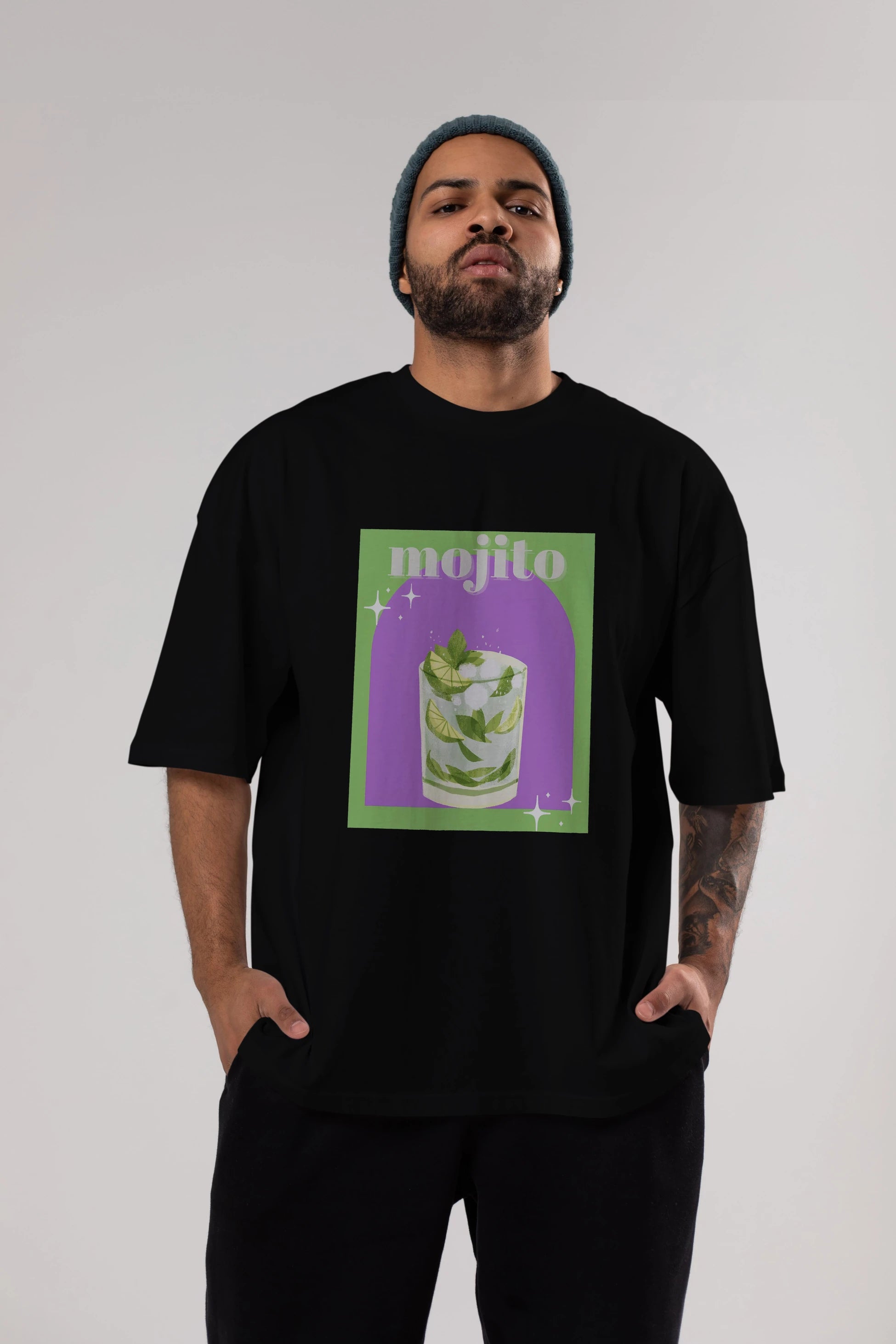 Mojito 3 Ön Baskılı Oversize t-shirt Erkek Kadın Unisex %100 Pamuk Bisiklet Yaka tişort
