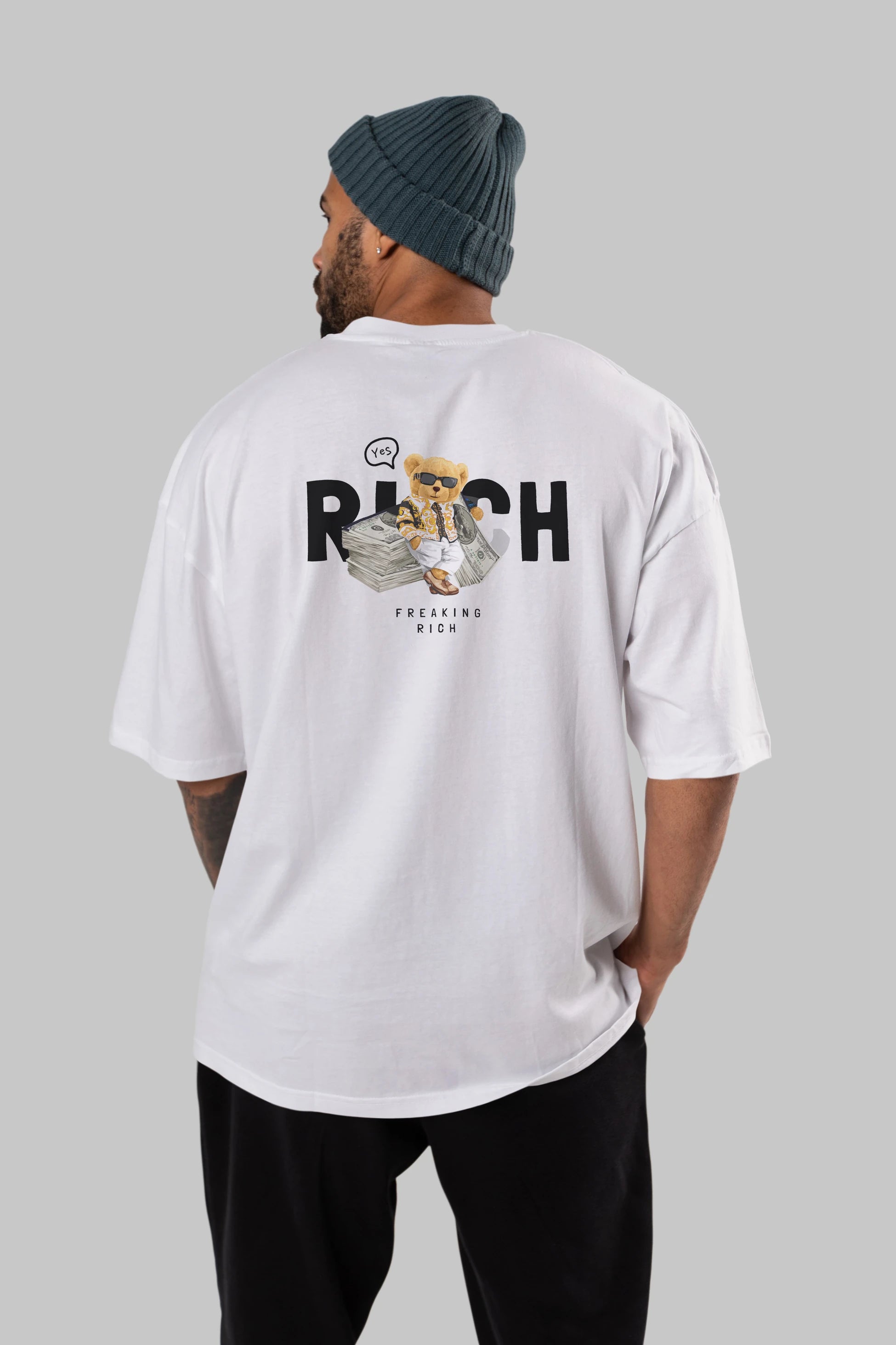 Teddy Bear Freakıng Rich Arka Baskılı Oversize t-shirt Erkek Kadın Unisex %100 Pamuk