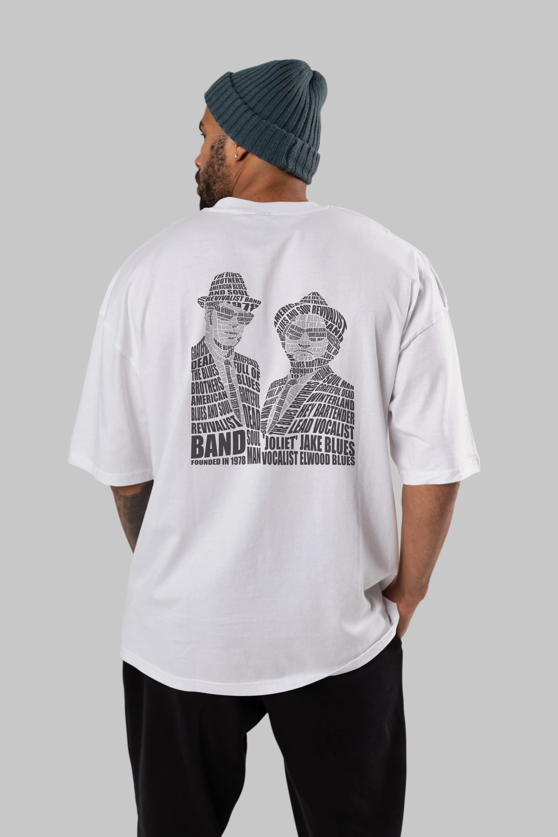 Blues Brothers Calligram Arka Baskılı Oversize t-shirt %100 pamuk Erkek Kadın Unisex