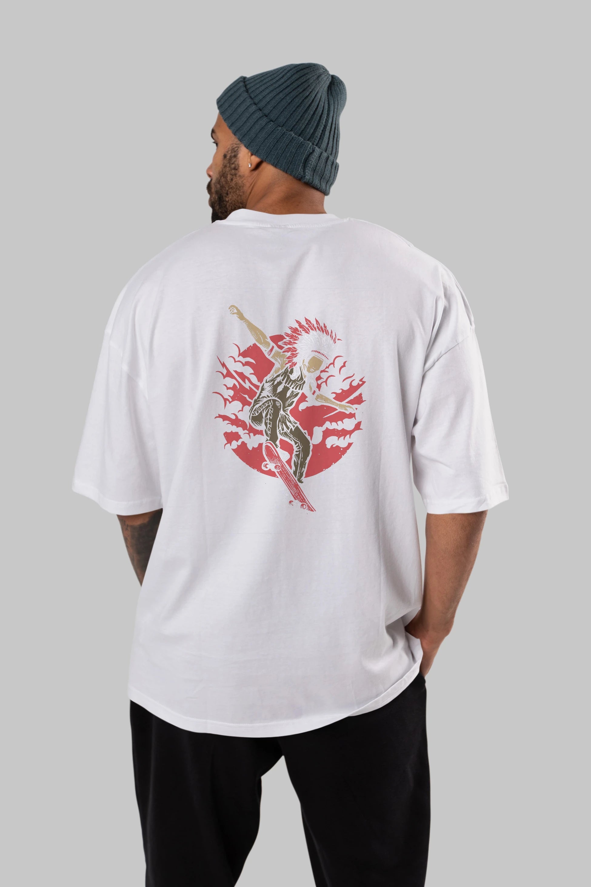 Indian Chief Skateboard Arka Baskılı Oversize t-shirt Erkek Kadın Unisex %100 Pamuk
