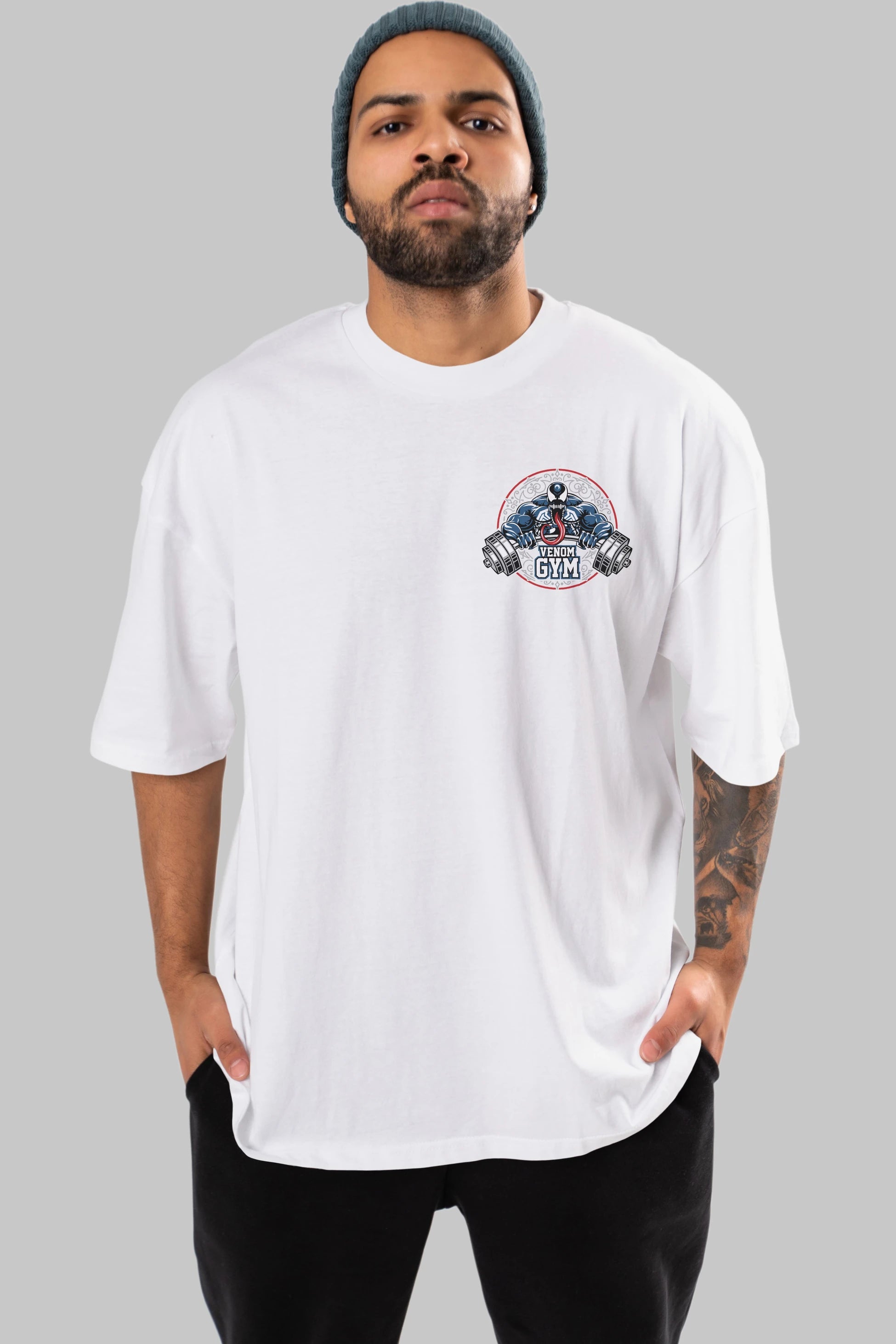 Venom GYM Ön Sol Baskılı Oversize t-shirt Erkek Kadın Unisex %100 Pamuk Bisiklet Yaka tişort