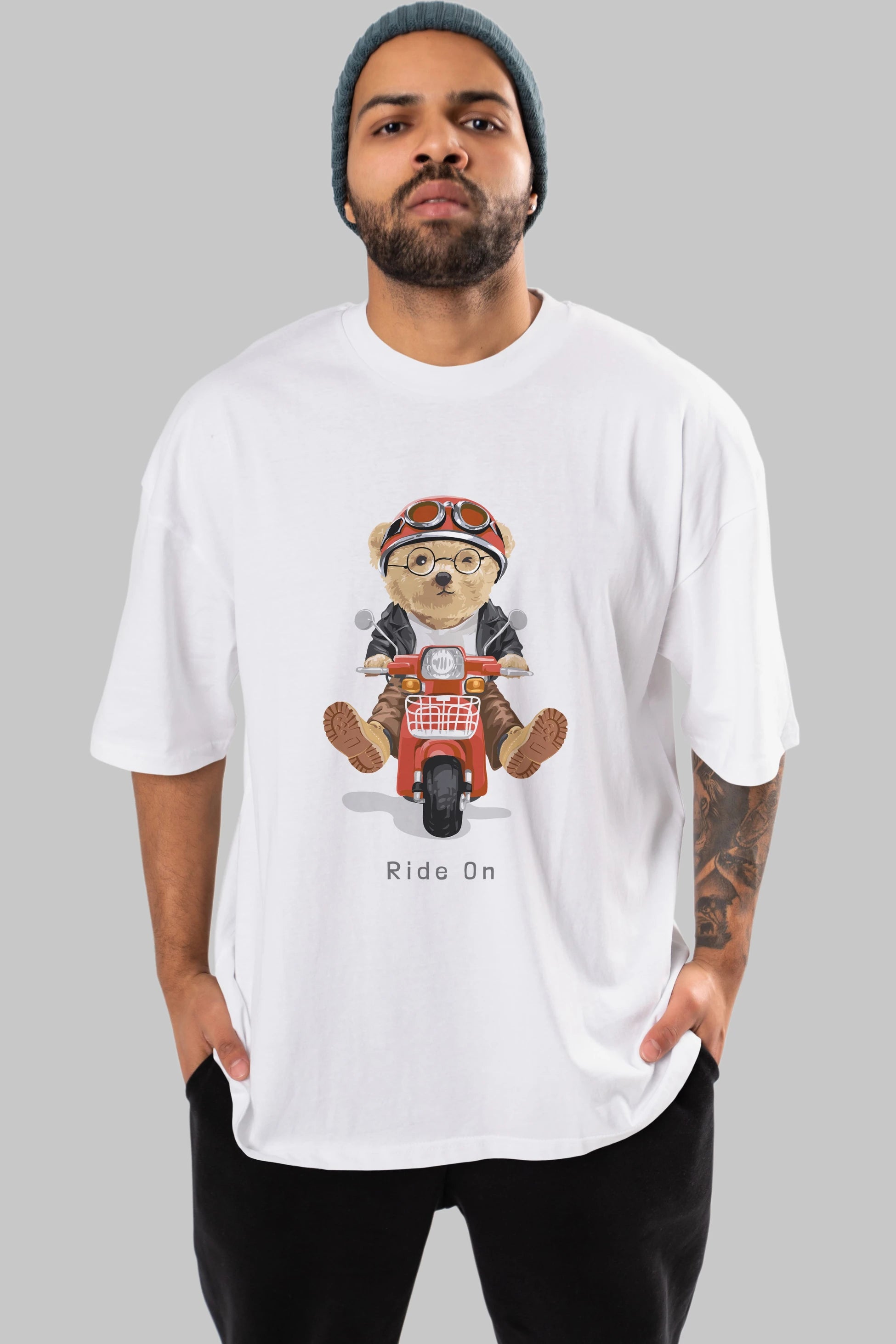 Teddy Bear Ride On Ön Baskılı Oversize t-shirt Erkek Kadın Unisex %100 Pamuk