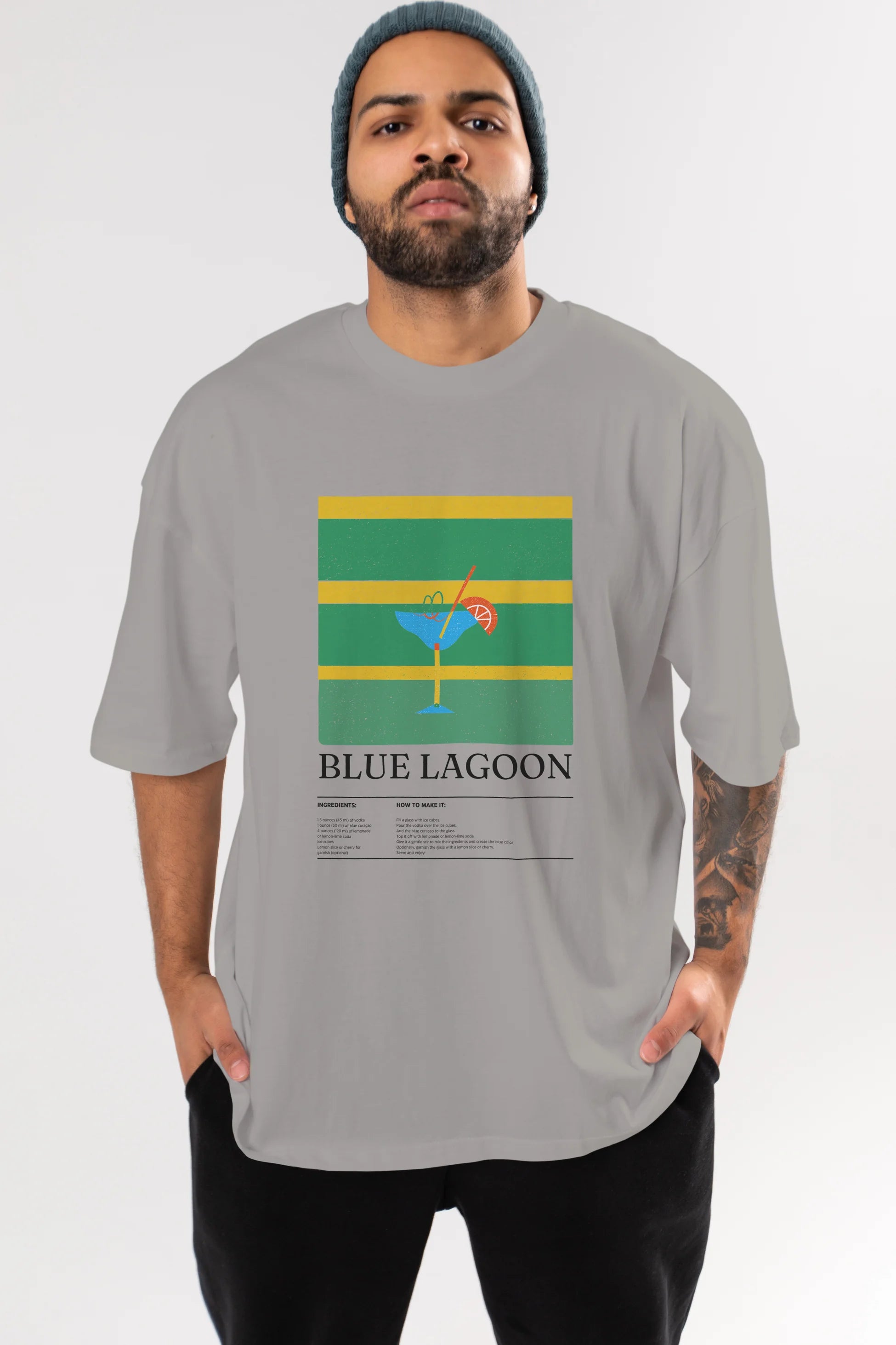 Blue Lagoon Kokteyl Ön Baskılı Oversize t-shirt Erkek Kadın %100 Pamuk Bisiklet Yaka tişort