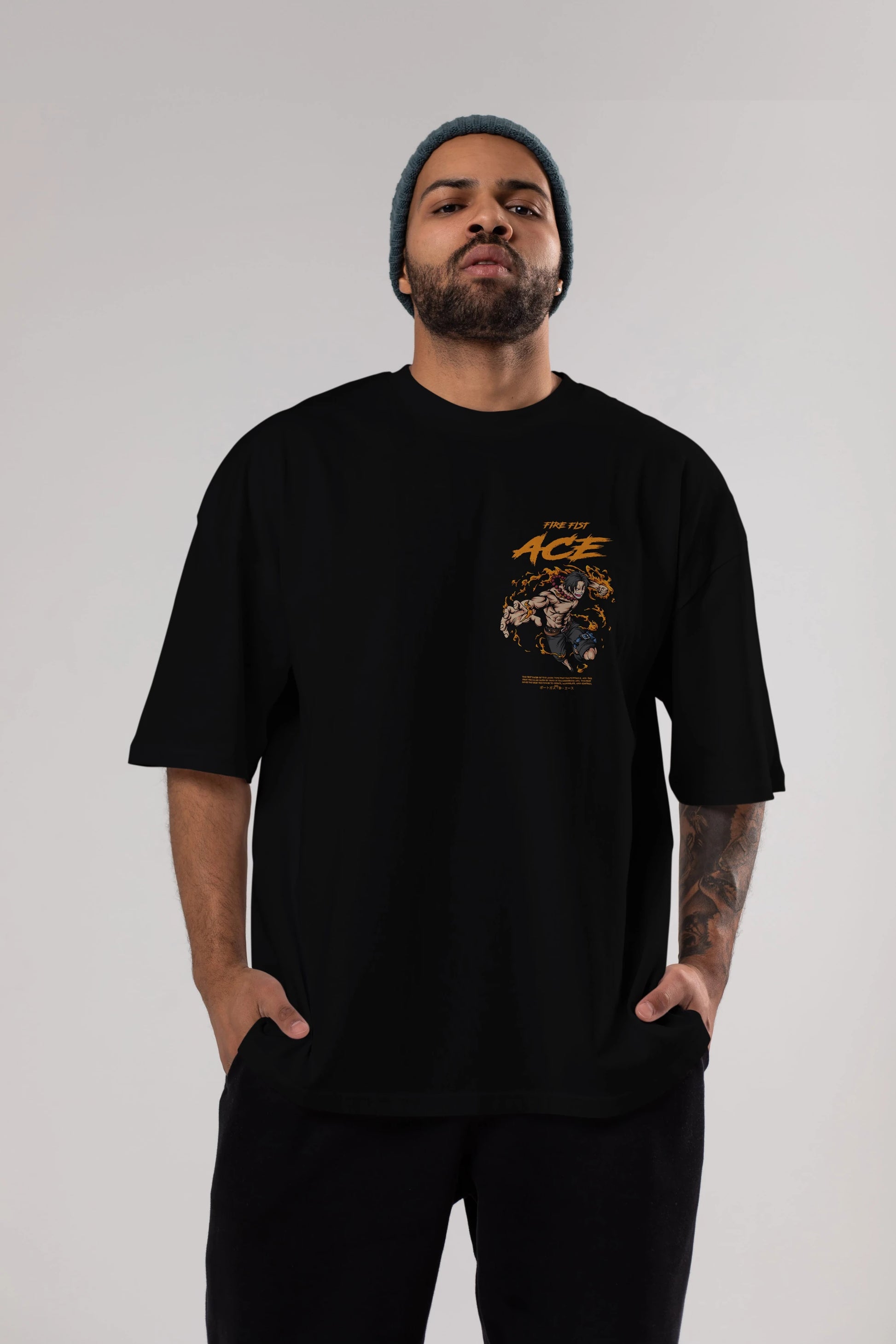 Fire Fist Ace Ön Sol Baskılı Oversize t-shirt Erkek Kadın Unisex %100 Pamuk Bisiklet Yaka tişort